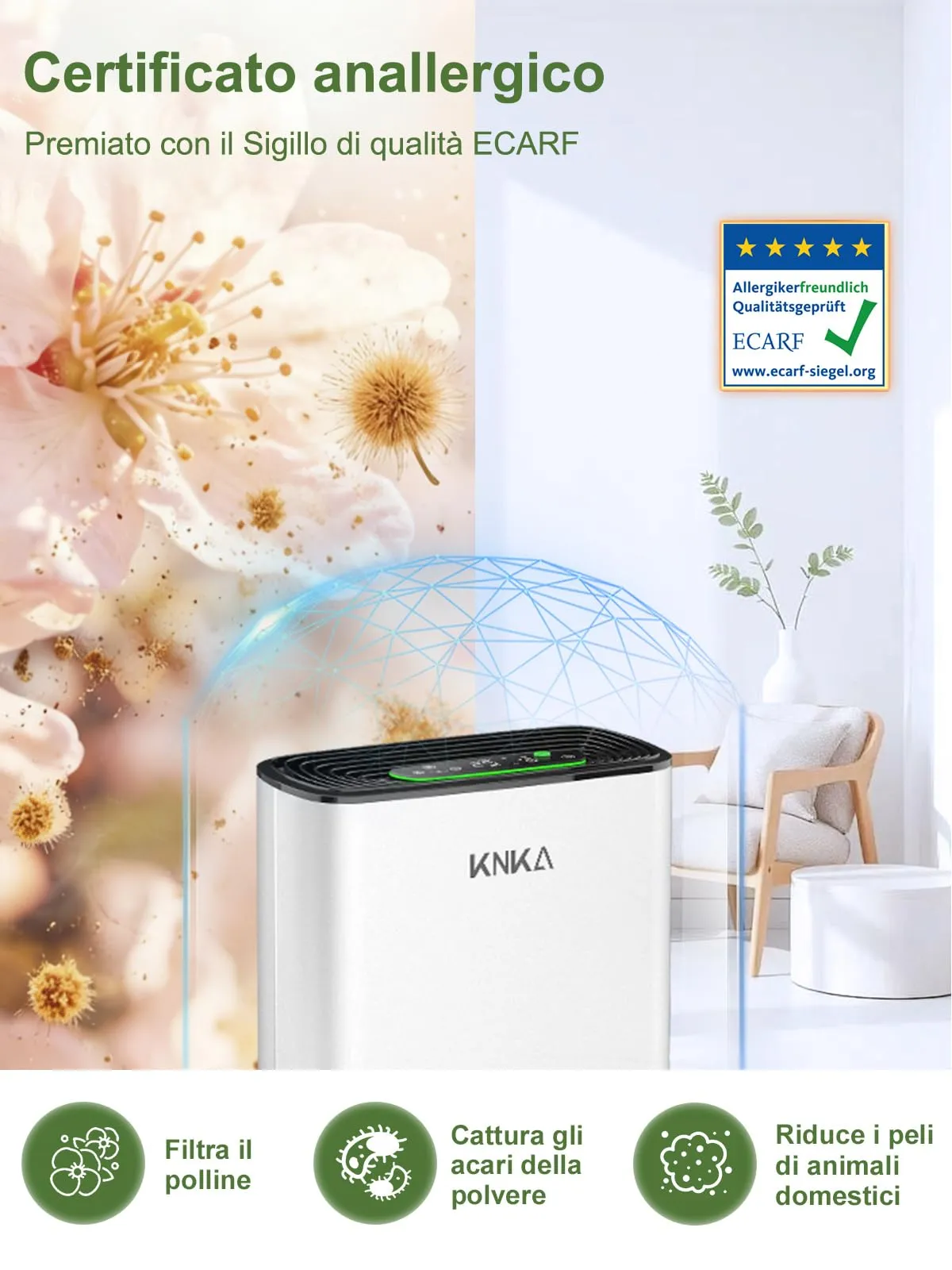 KNKA APH3000 Purificatore d'Aria con Filtro HEPA e Sensore Intelligente, fino a 80m², Bianco - immagine 4