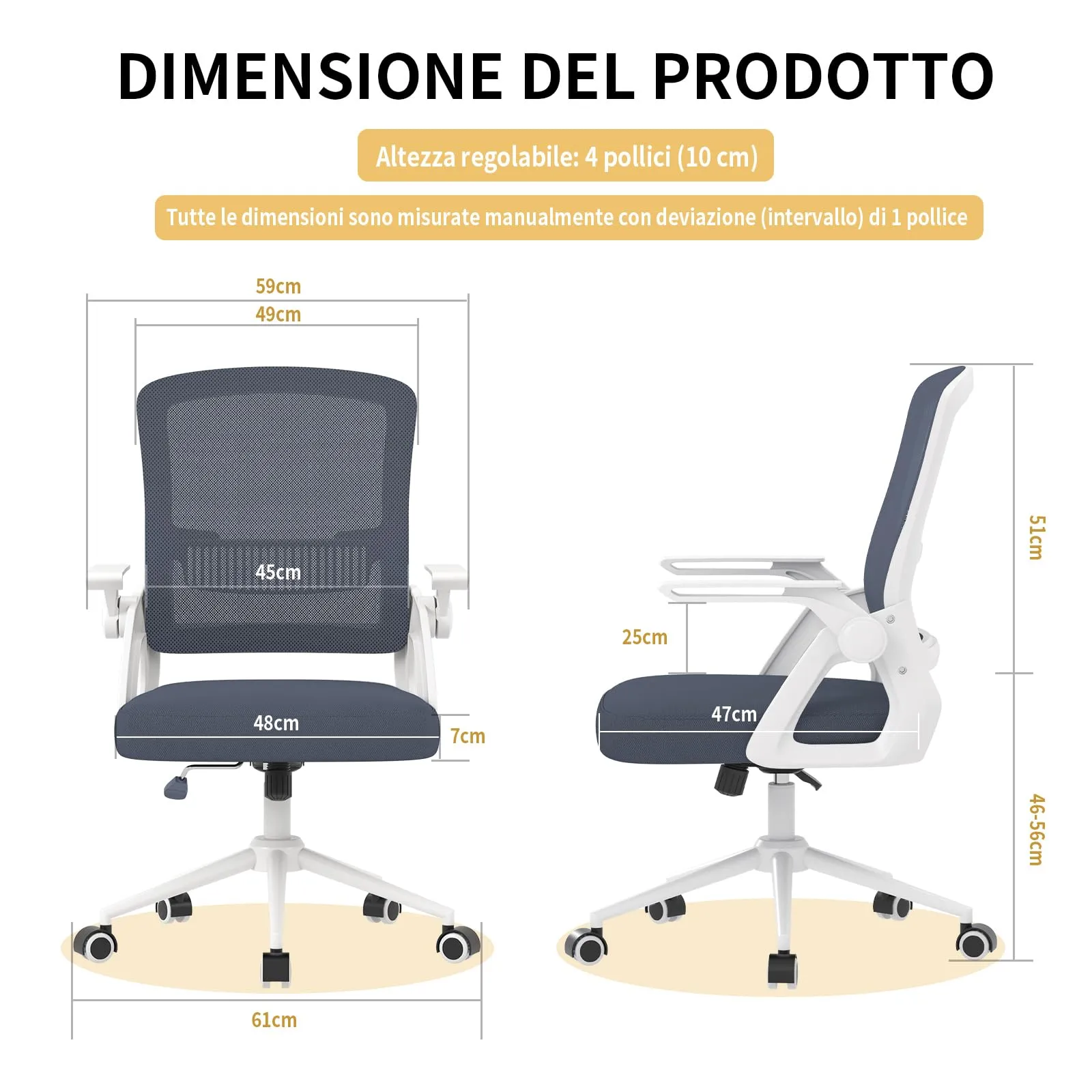 naspaluro Sedia da Ufficio Ergonomica con Braccioli Pieghevoli e Rete Respirante, Blu scuro - immagine 2