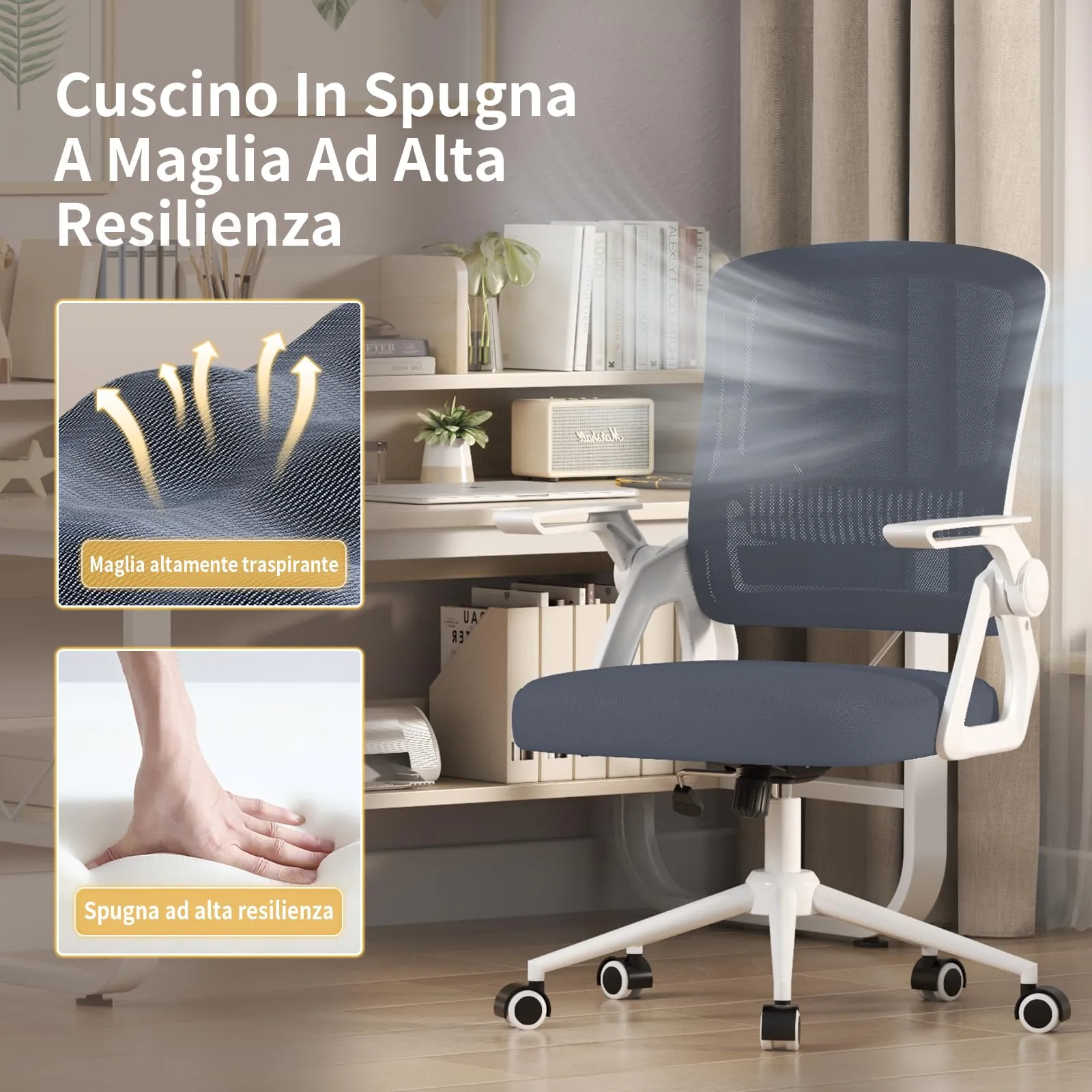 naspaluro Sedia da Ufficio Ergonomica con Braccioli Pieghevoli e Rete Respirante, Blu scuro - immagine 3