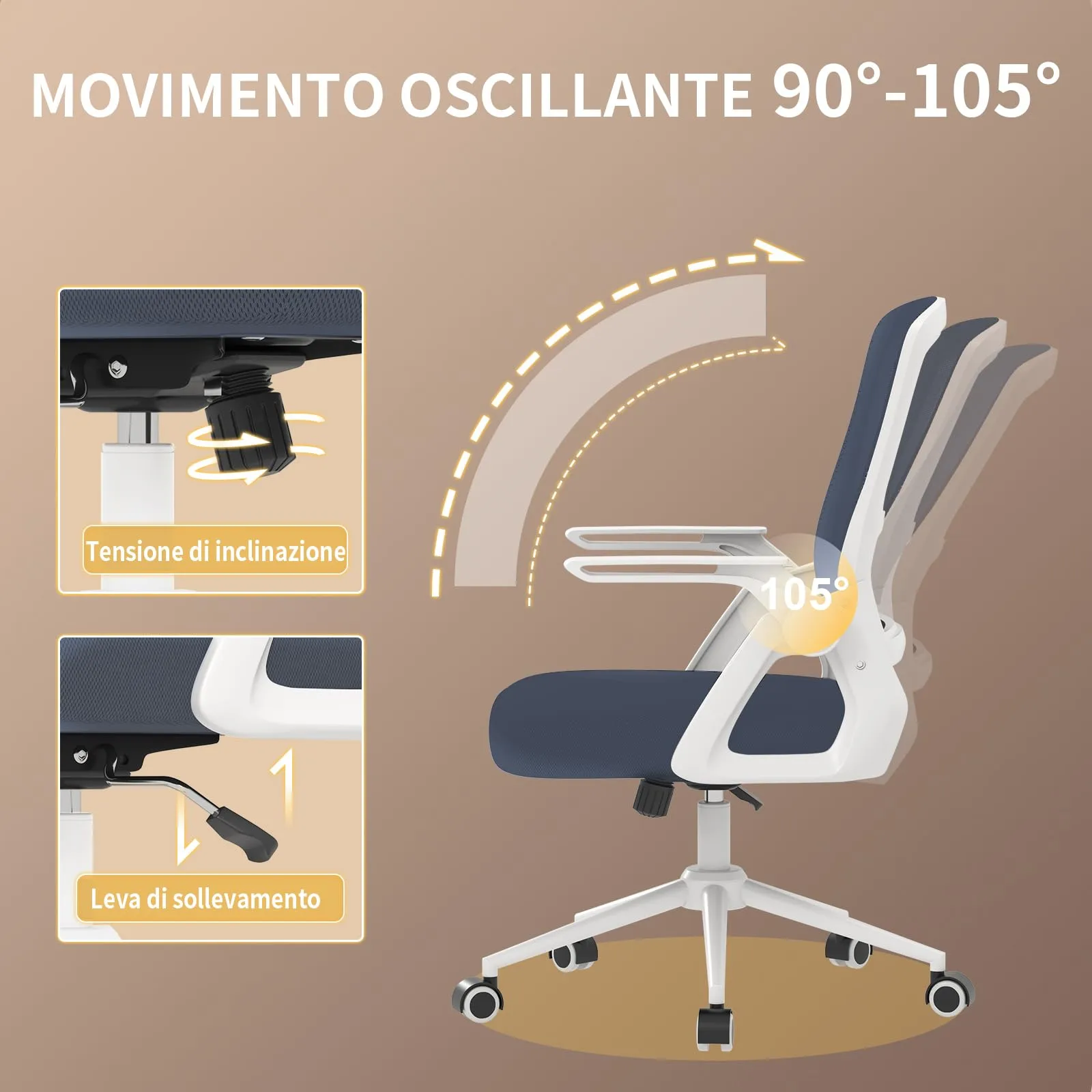 naspaluro Sedia da Ufficio Ergonomica con Braccioli Pieghevoli e Rete Respirante, Blu scuro - immagine 4