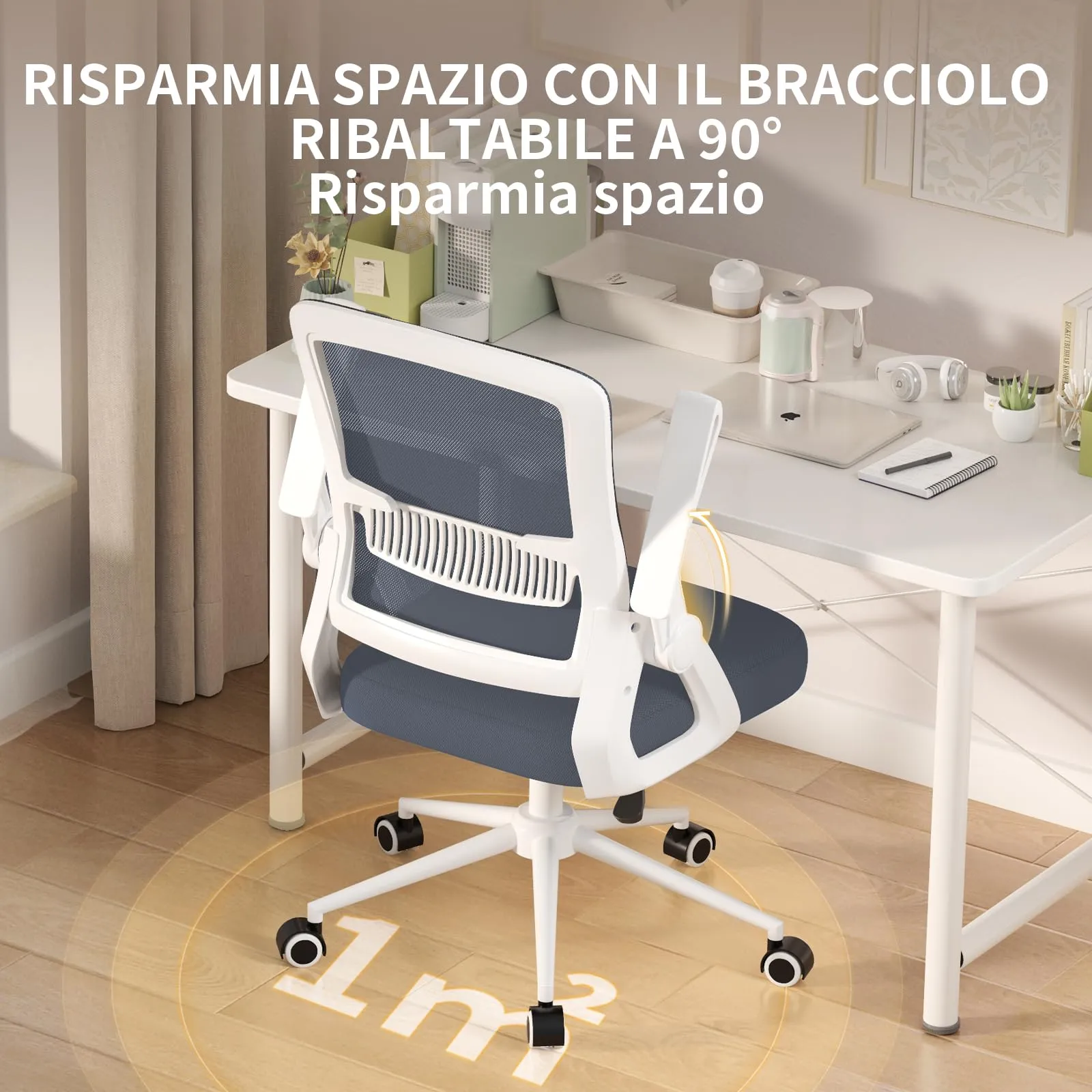 naspaluro Sedia da Ufficio Ergonomica con Braccioli Pieghevoli e Rete Respirante, Blu scuro - immagine 5