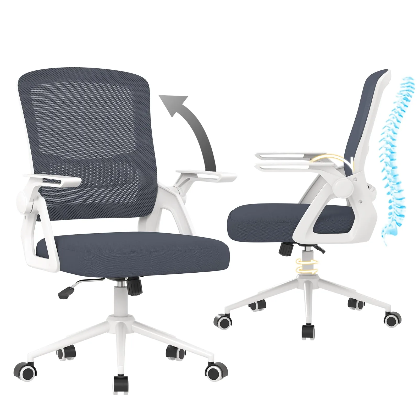 naspaluro Sedia da Ufficio Ergonomica con Braccioli Pieghevoli e Rete Respirante, Blu scuro - immagine 8