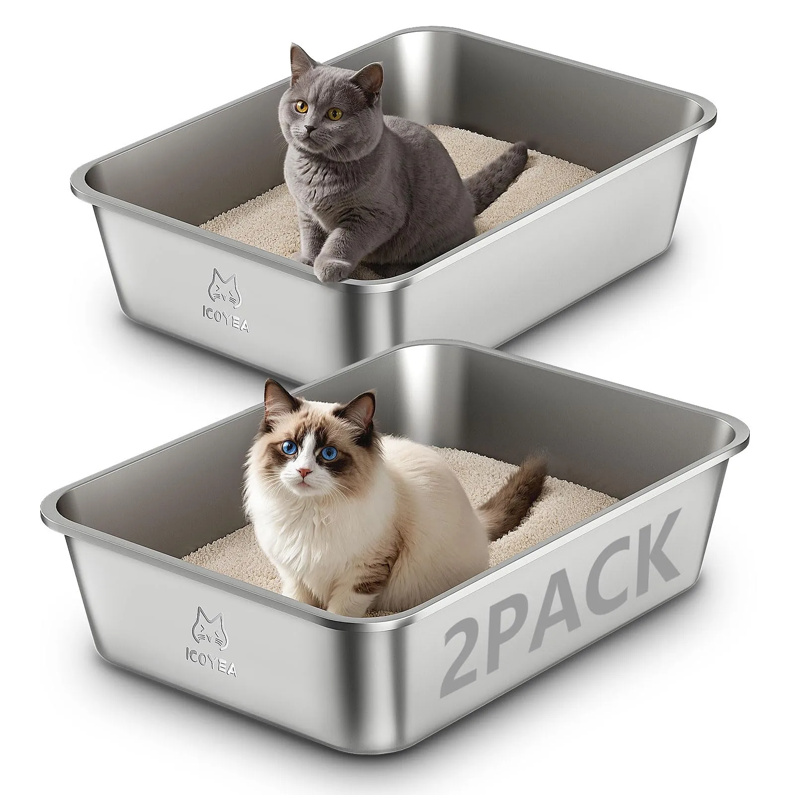 ICOYEA Lettiera in Acciaio Inox per Gatti e Piccoli Animali, 50x35x15 cm (Set da 2 Pezzi) - immagine 1