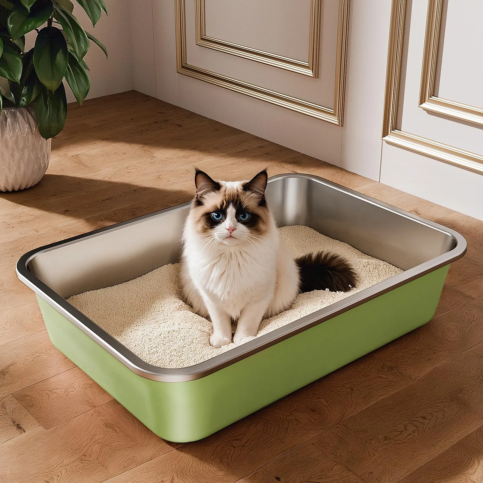ICOYEA Lettiera in Acciaio Inox per Gatti e Conigli, Verde, 50 x 35 x 10 cm - immagine 1