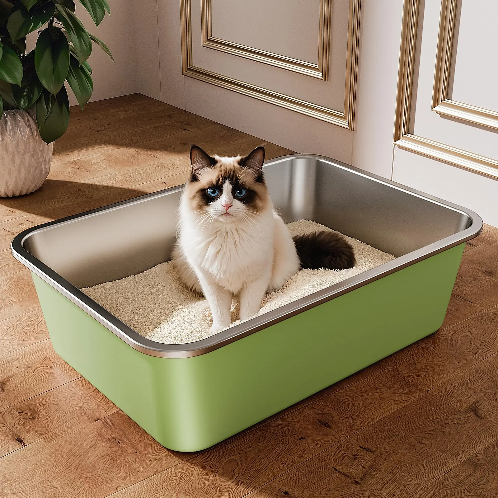 ICOYEA Lettiera in Acciaio Inox per Gatti e Conigli, Verde, 50 x 35 x 15 cm - immagine 1