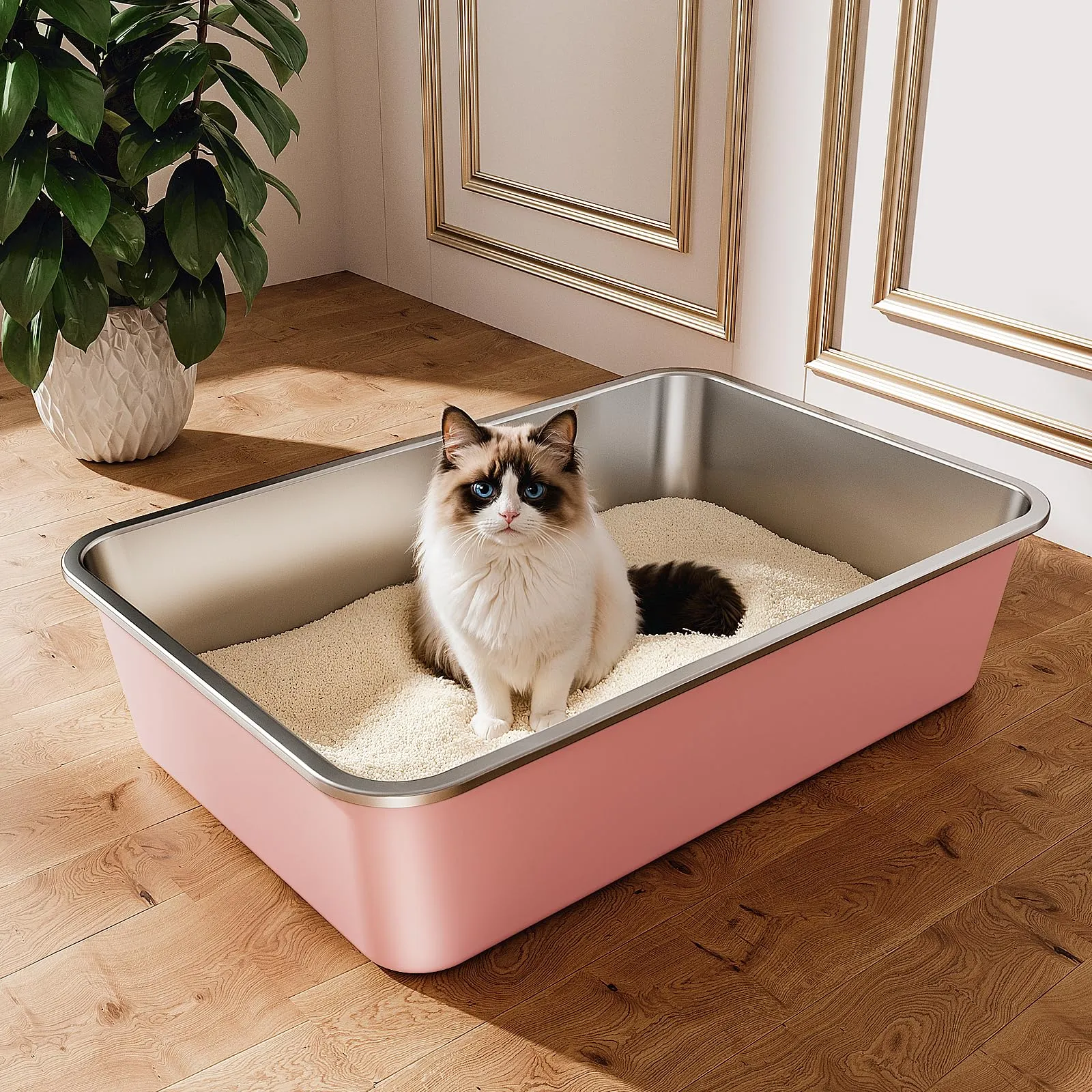 ICOYEA Lettiera in Acciaio Inox per Gatti e Piccoli Animali, 60x40x15 cm, Rosa - immagine 1