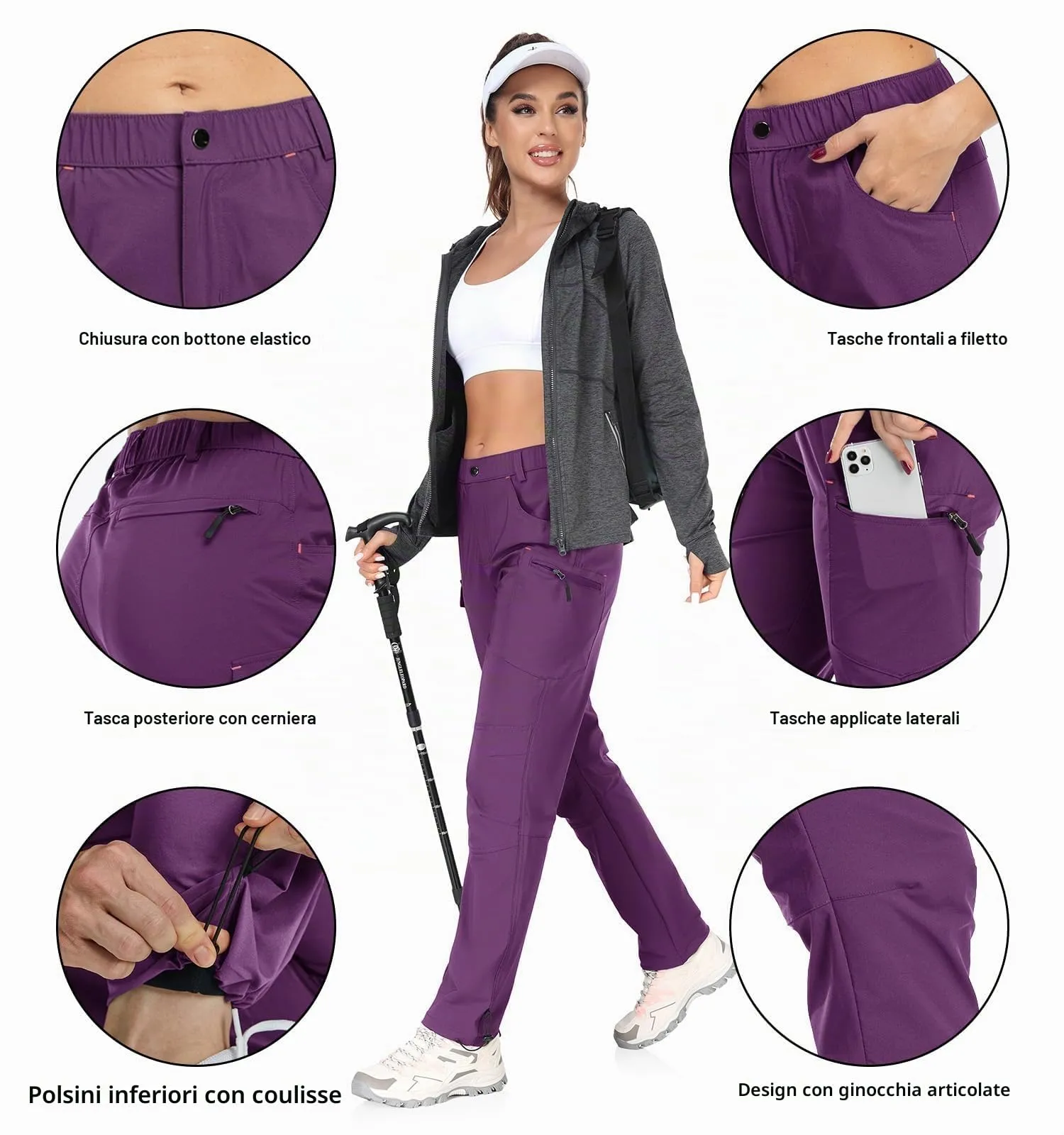 GymBrave Pantaloni Trekking Donna Cargo Capri 3/4 Viola XXL - immagine 4