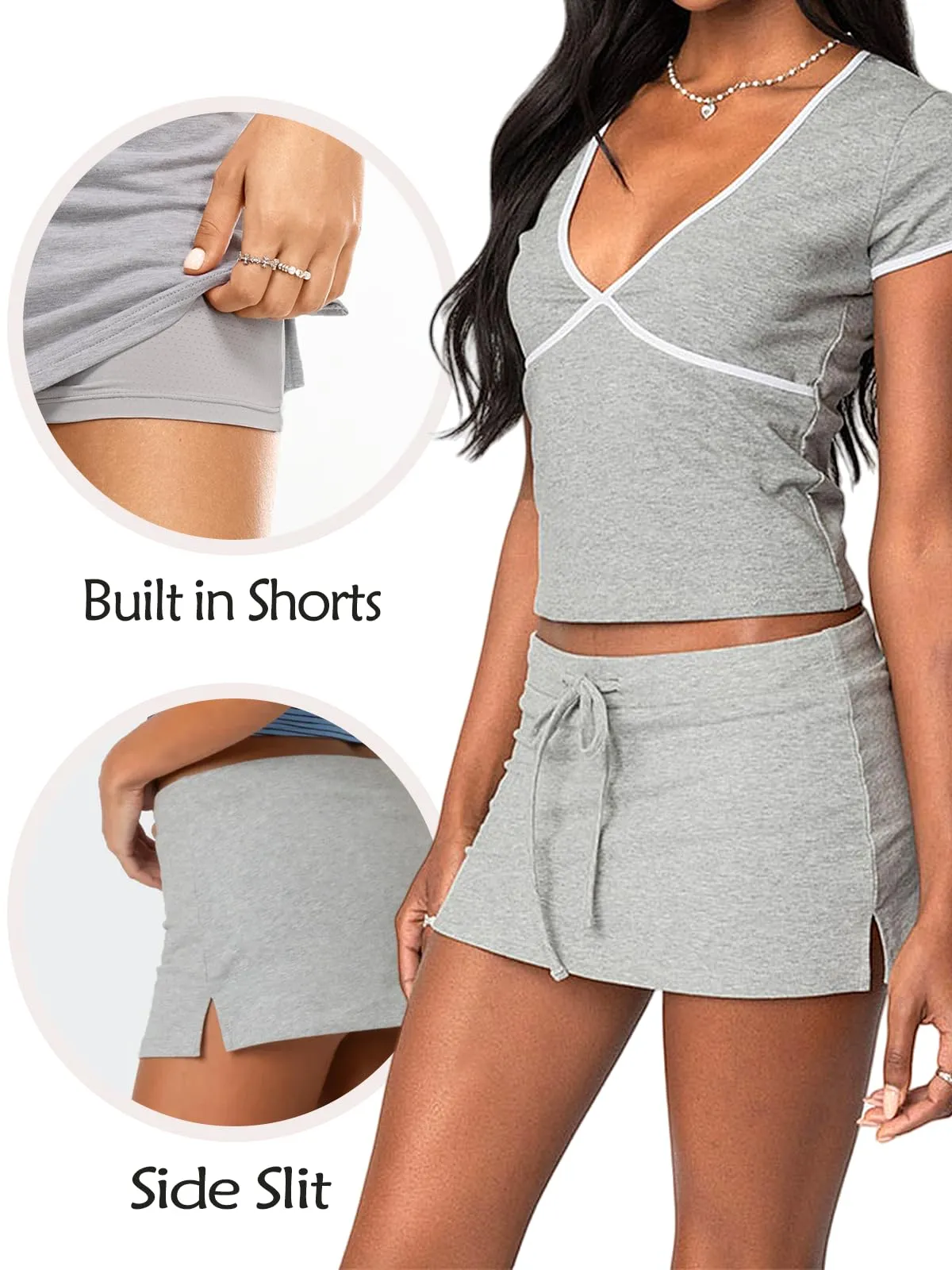 Danysu Gonna Mini Elasticizzata a Vita Bassa con Pantaloncini e Spacco Laterale, M - immagine 4