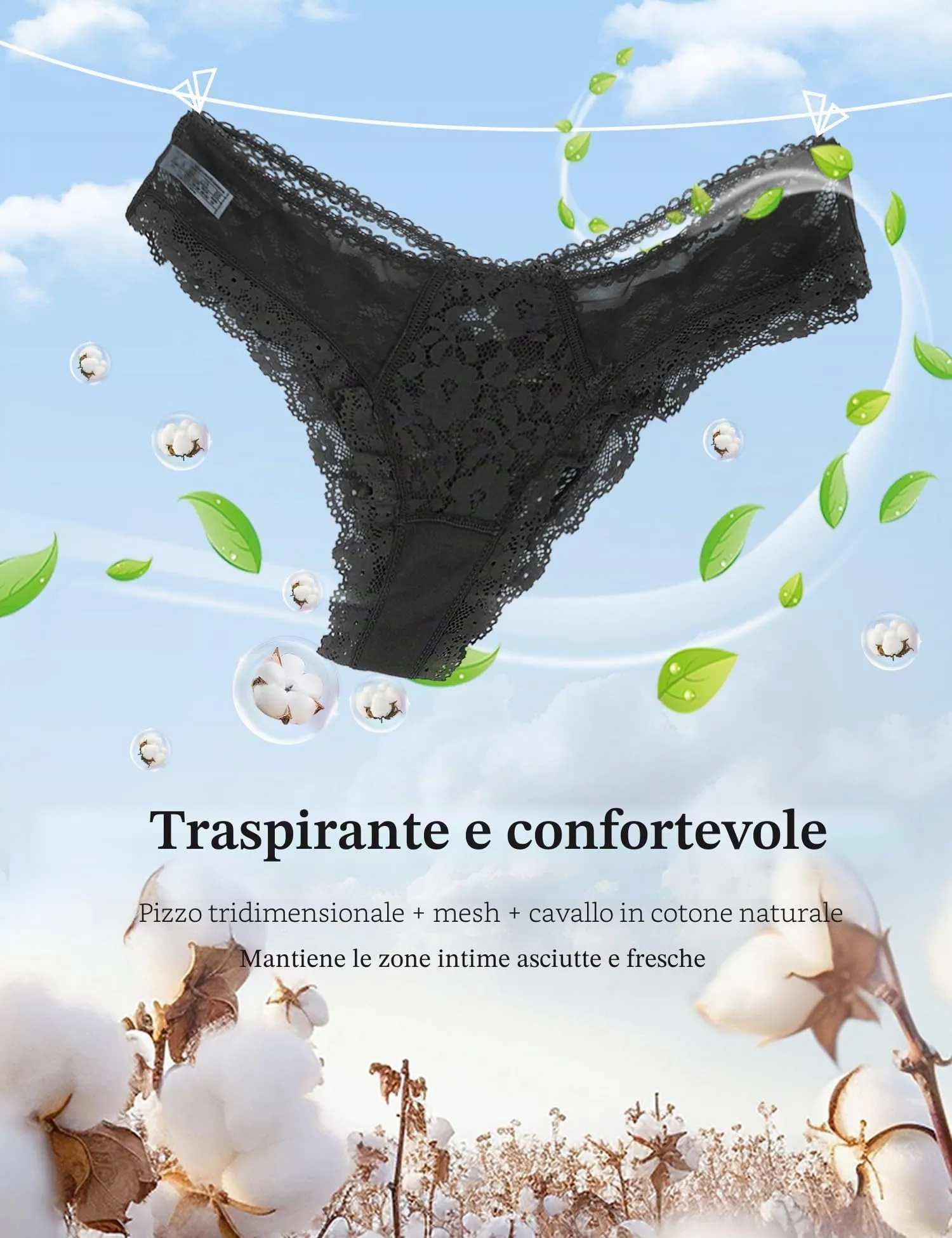 ohmydear Perizoma in Pizzo Vita Bassa, 2 Pezzi, Nero + Blu - immagine 5
