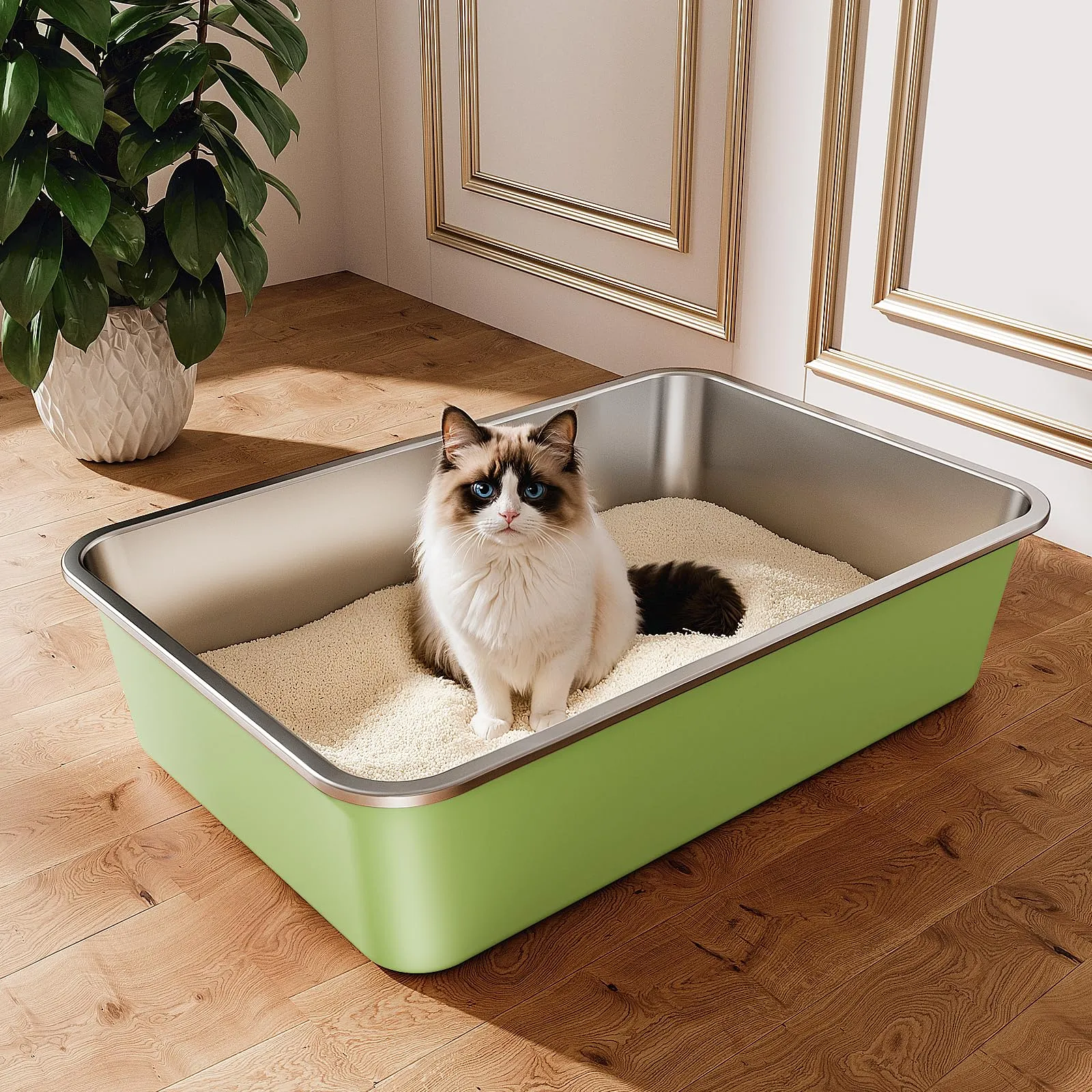 ICOYEA Lettiera in Acciaio Inox per Gatti e Conigli, Verde, 60 x 40 x 15 cm - immagine 1