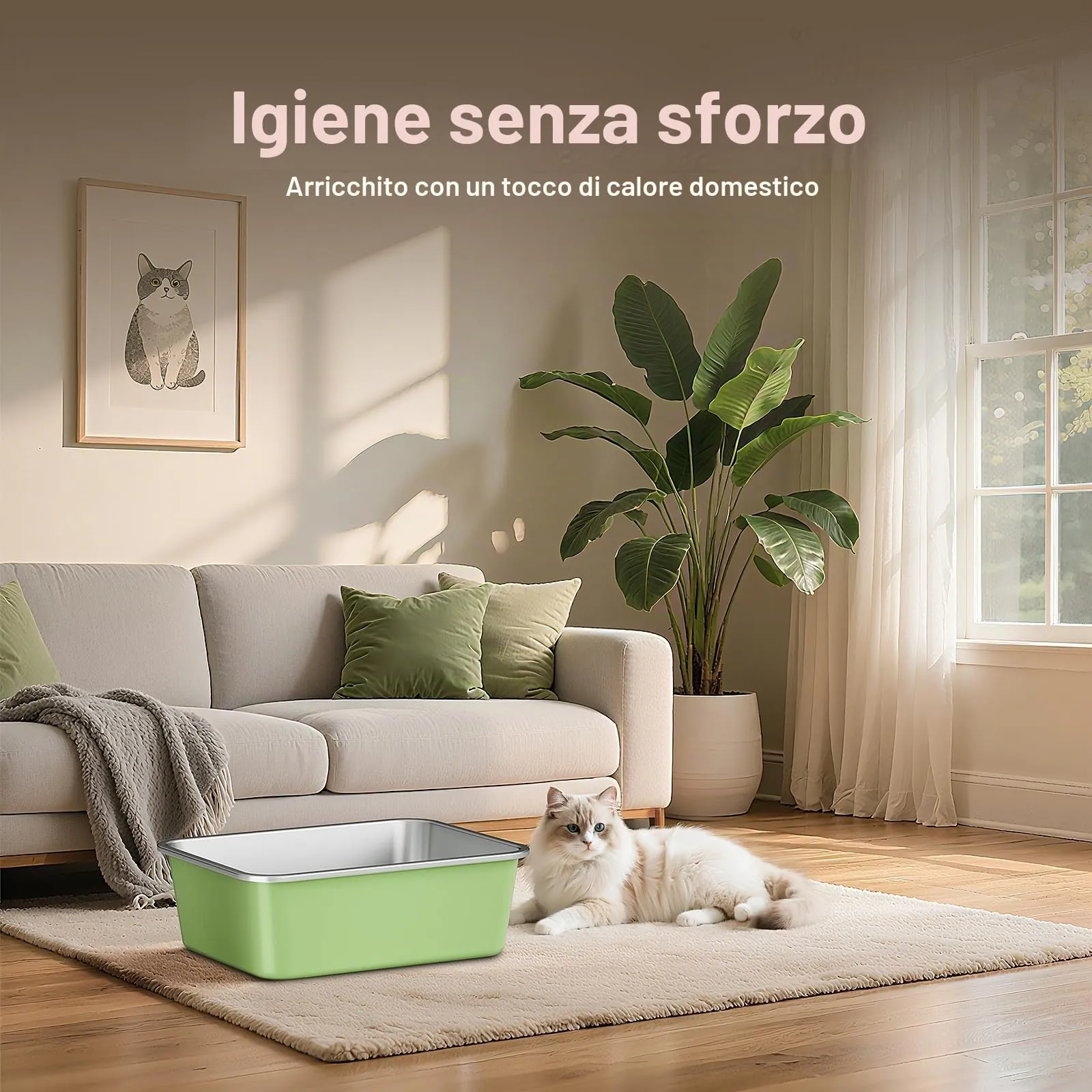 ICOYEA Lettiera in Acciaio Inox per Gatti e Piccoli Animali, Verde, 60 x 40 x 20 cm - immagine 5