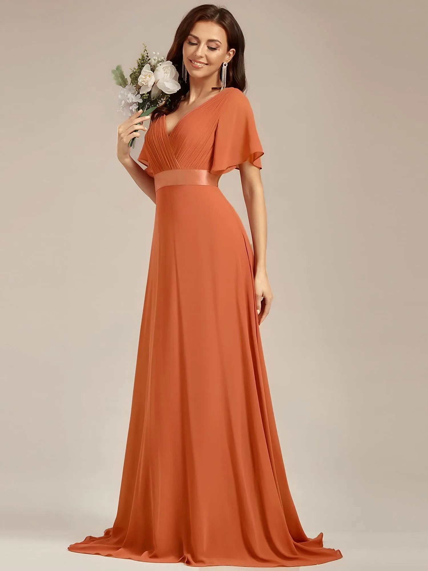 Ever-Pretty Vestito da Cerimonia Donna Scollo a V Linea ad A con Spacco Stile Impero, Melone al Brandy, 36 - immagine 3