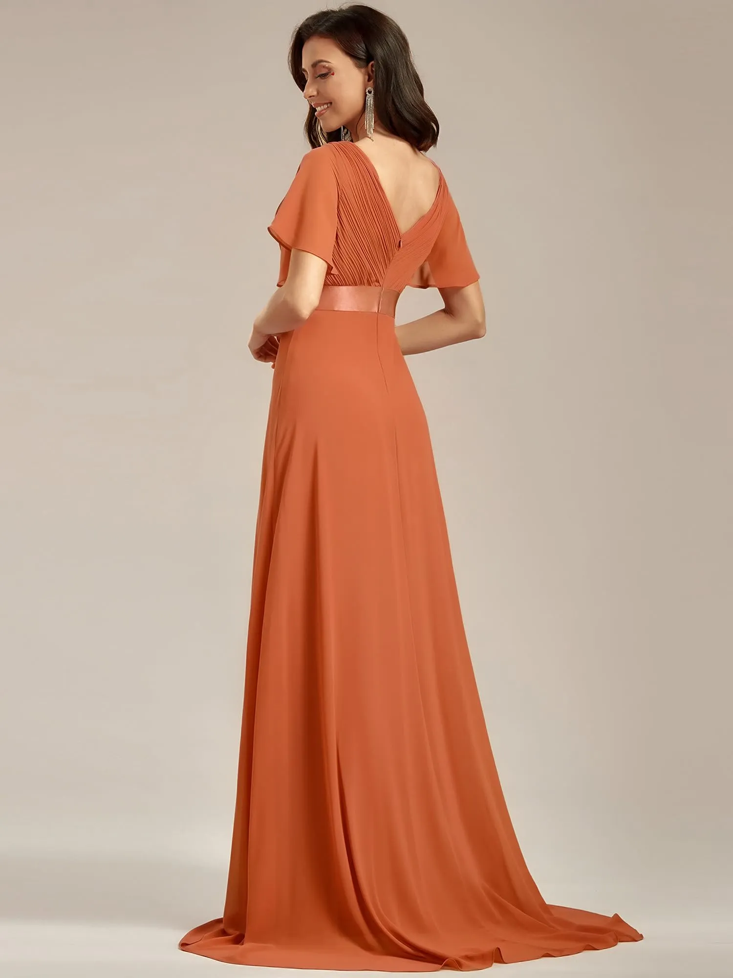 Ever-Pretty Vestito da Cerimonia Donna Scollo a V Linea ad A con Spacco Stile Impero, Melone al Brandy, 36 - immagine 4