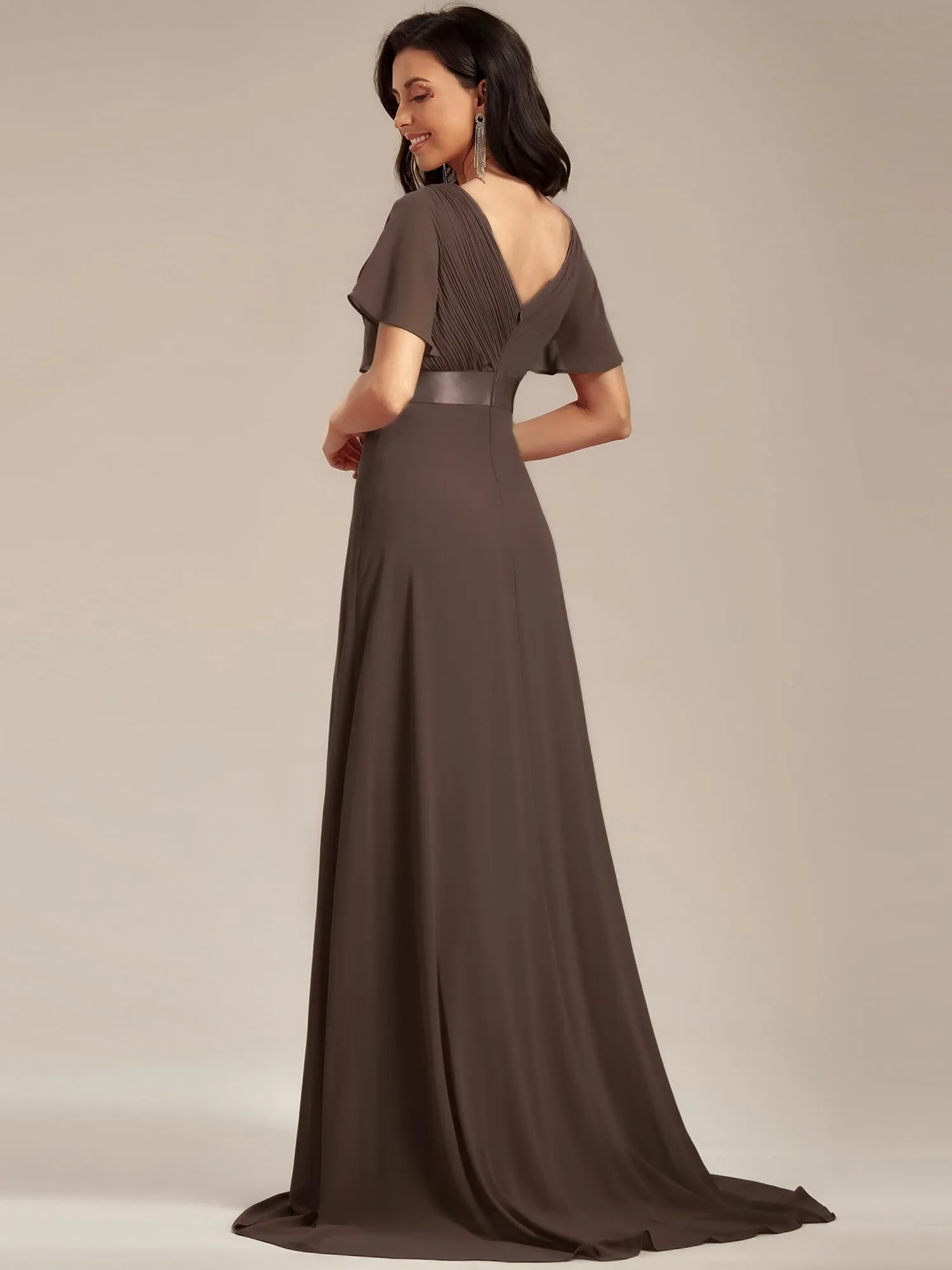Ever-Pretty Vestito da Cerimonia Donna Scollo a V Linea ad A con Spacco, Espresso Brun, 58 - immagine 2