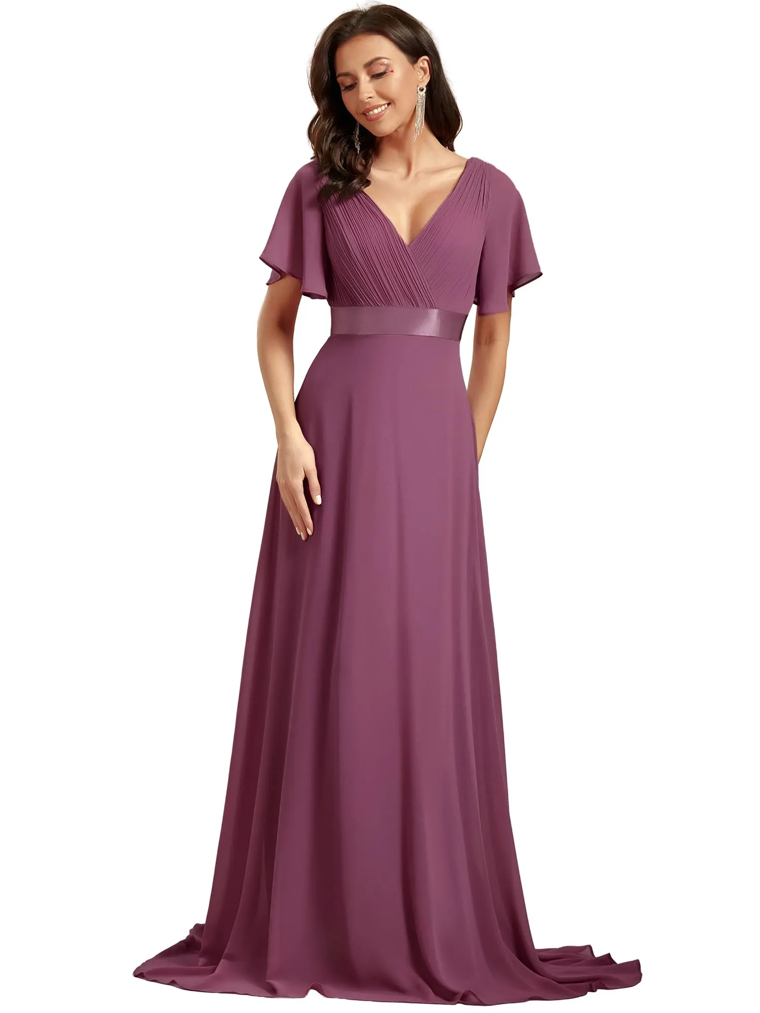 Ever-Pretty Vestito da Cerimonia Donna Scollo a V Linea ad A con Spacco Prugna 58 - immagine 1
