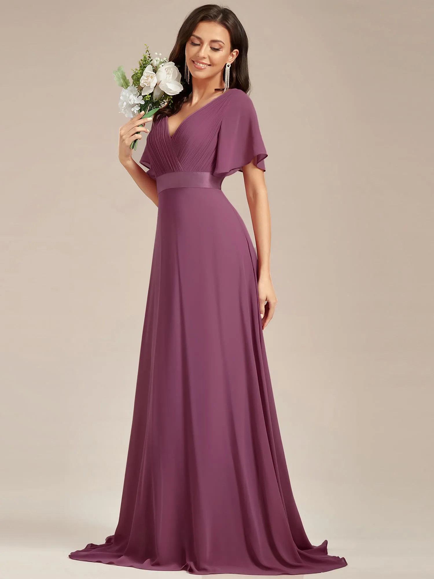 Ever-Pretty Vestito da Cerimonia Donna Scollo a V Linea ad A con Spacco Prugna 58 - immagine 4