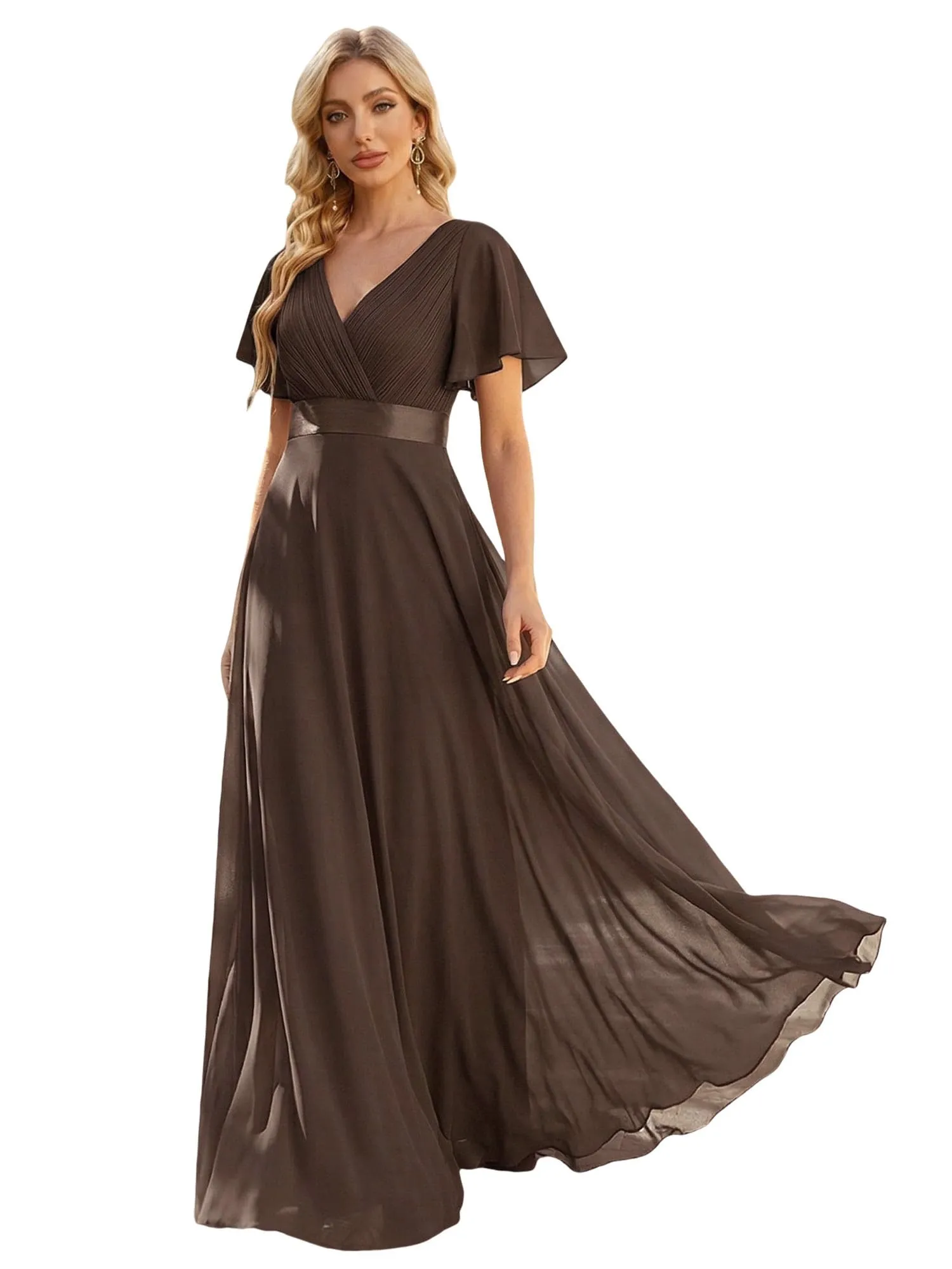Ever-Pretty Vestito da Cerimonia Donna Scollo a V Linea ad A con Spacco Stile Impero, Espresso Brun, 42 - immagine 1