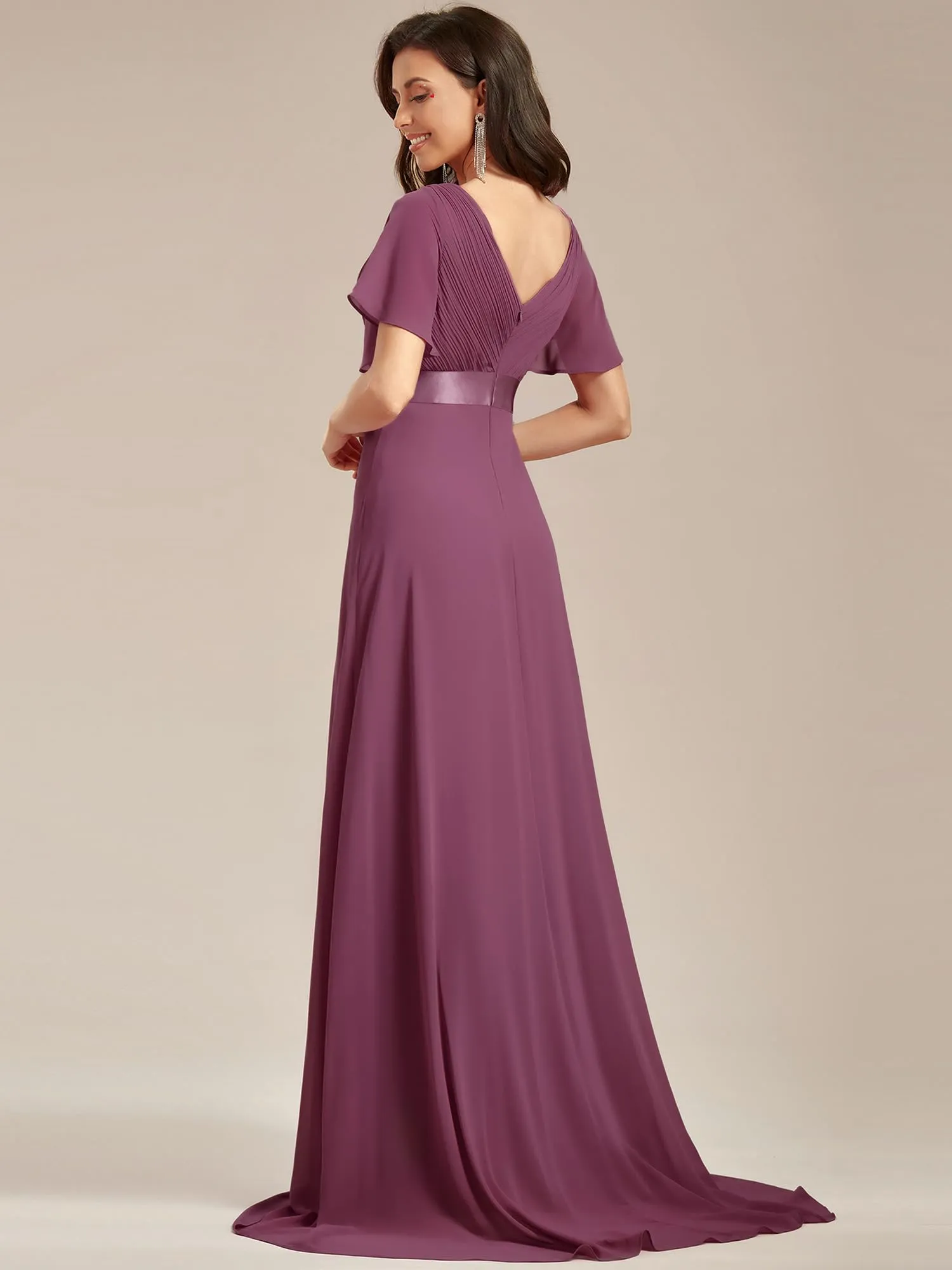 Ever-Pretty Vestito da Cerimonia Donna Scollo a V Linea ad A con Spacco Prugna 36 - immagine 2