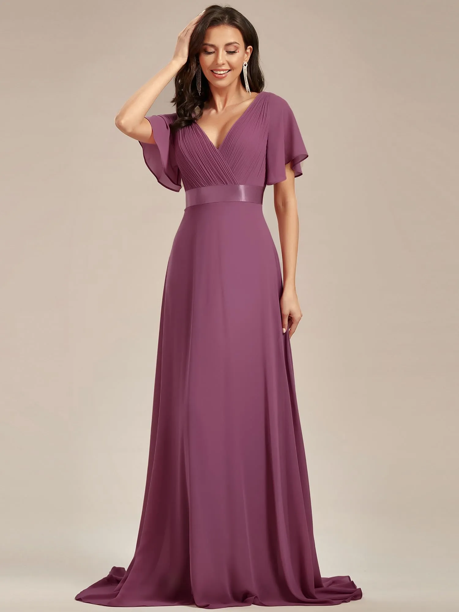 Ever-Pretty Vestito da Cerimonia Donna Scollo a V Linea ad A con Spacco Prugna 36 - immagine 5