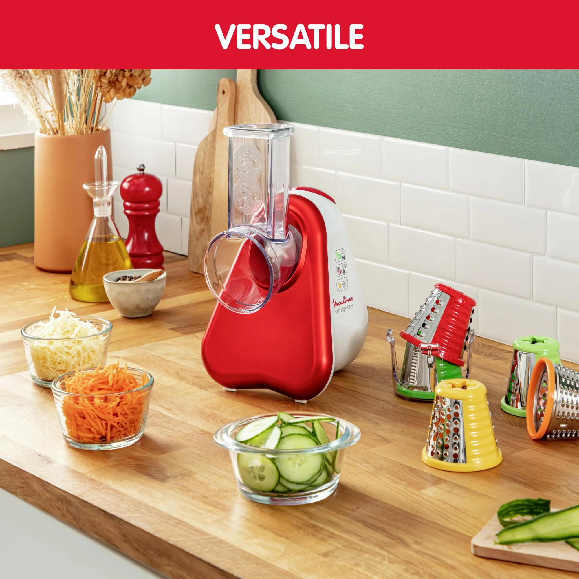 Moulinex Fresh Express Plus DJ755G10 Affettatutto Grattugia Elettrico, 5 Funzioni di Taglio, 150 W, 1 L, Rosso - immagine 2
