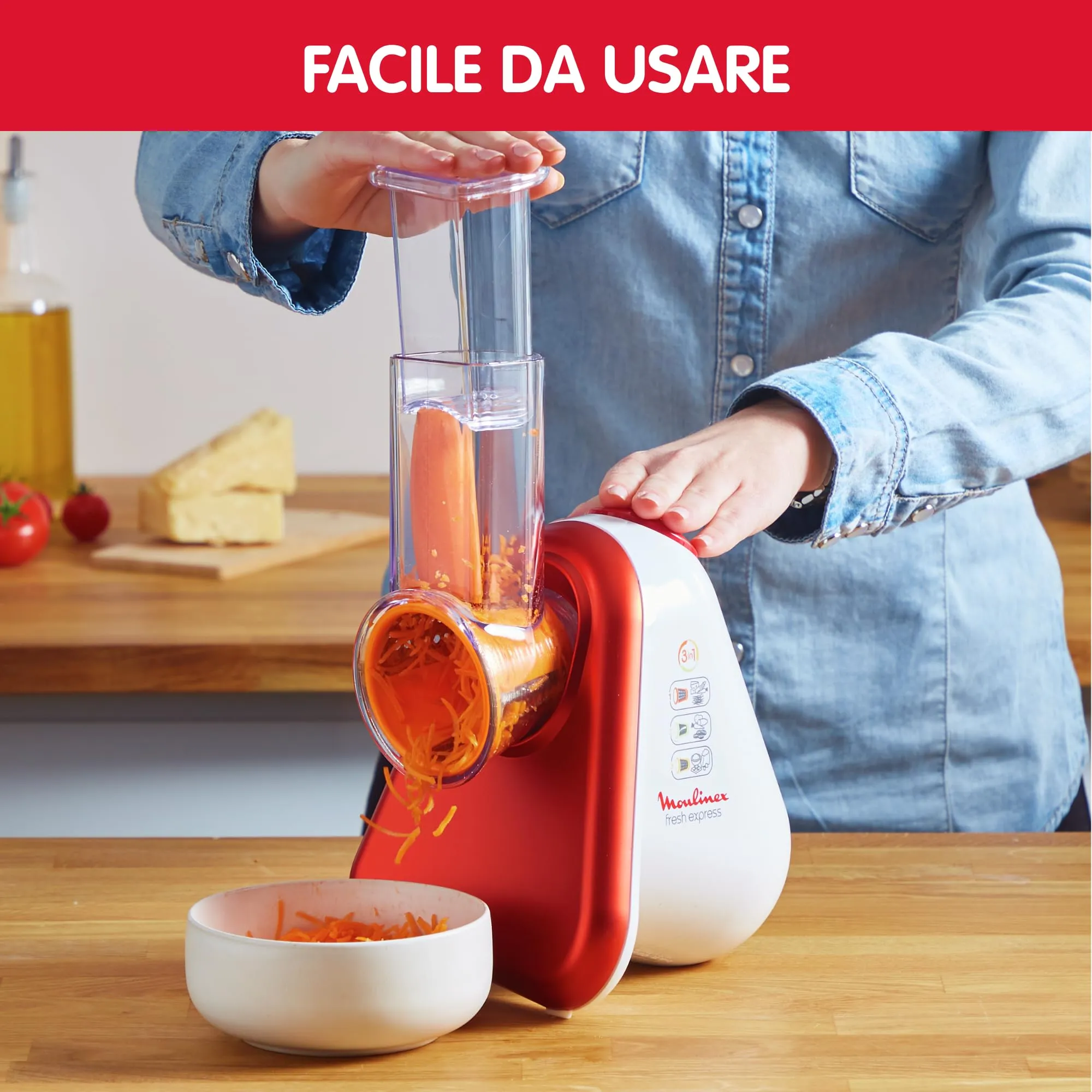 Moulinex Fresh Express Plus DJ755G10 Affettatutto Grattugia Elettrico, 5 Funzioni di Taglio, 150 W, 1 L, Rosso - immagine 3