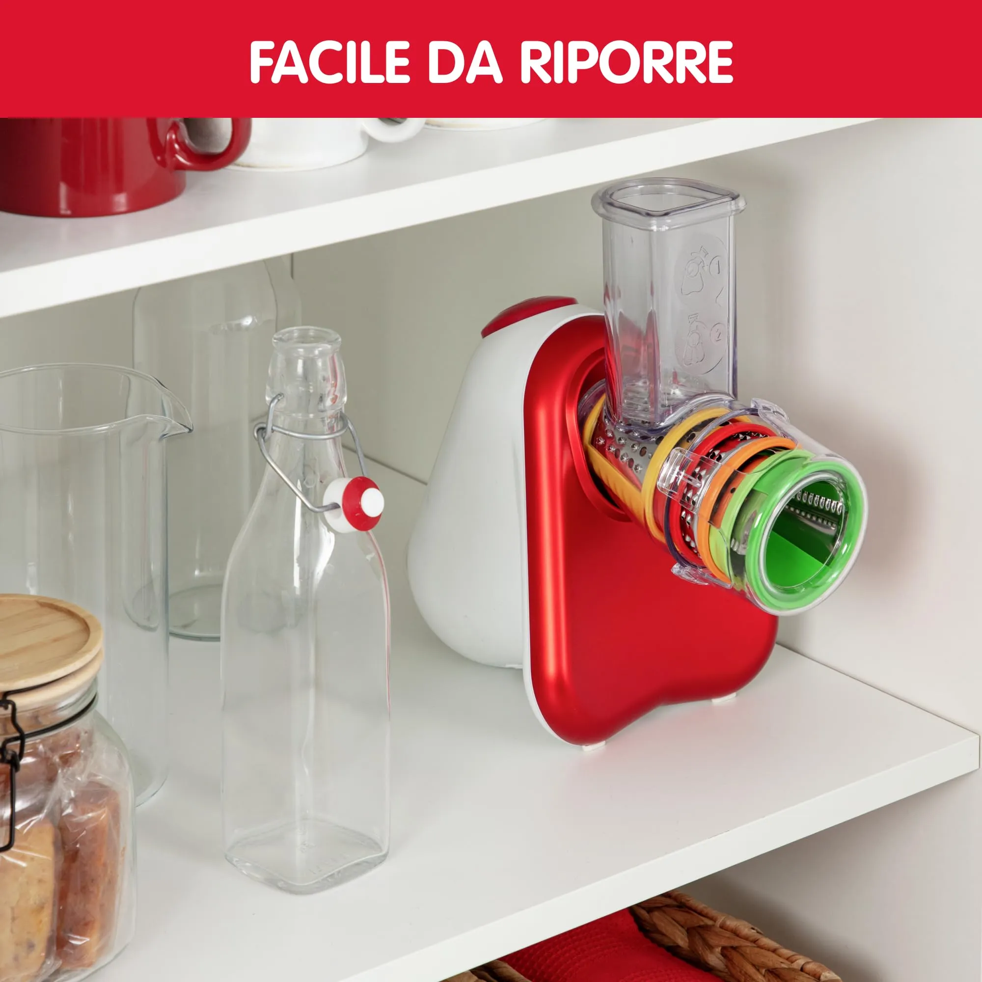 Moulinex Fresh Express Plus DJ755G10 Affettatutto Grattugia Elettrico, 5 Funzioni di Taglio, 150 W, 1 L, Rosso - immagine 4