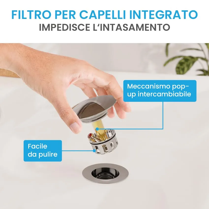 Bächlein Kit Piletta Universale con Troppopieno per Lavabi e Lavandini, Valvola a Soffietto Cromata, Tappo a Scatto - immagine 6