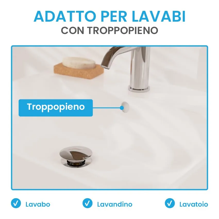Bächlein Kit Piletta Universale con Troppopieno per Lavabi e Lavandini, Valvola a Soffietto Cromata, Tappo a Scatto - immagine 7