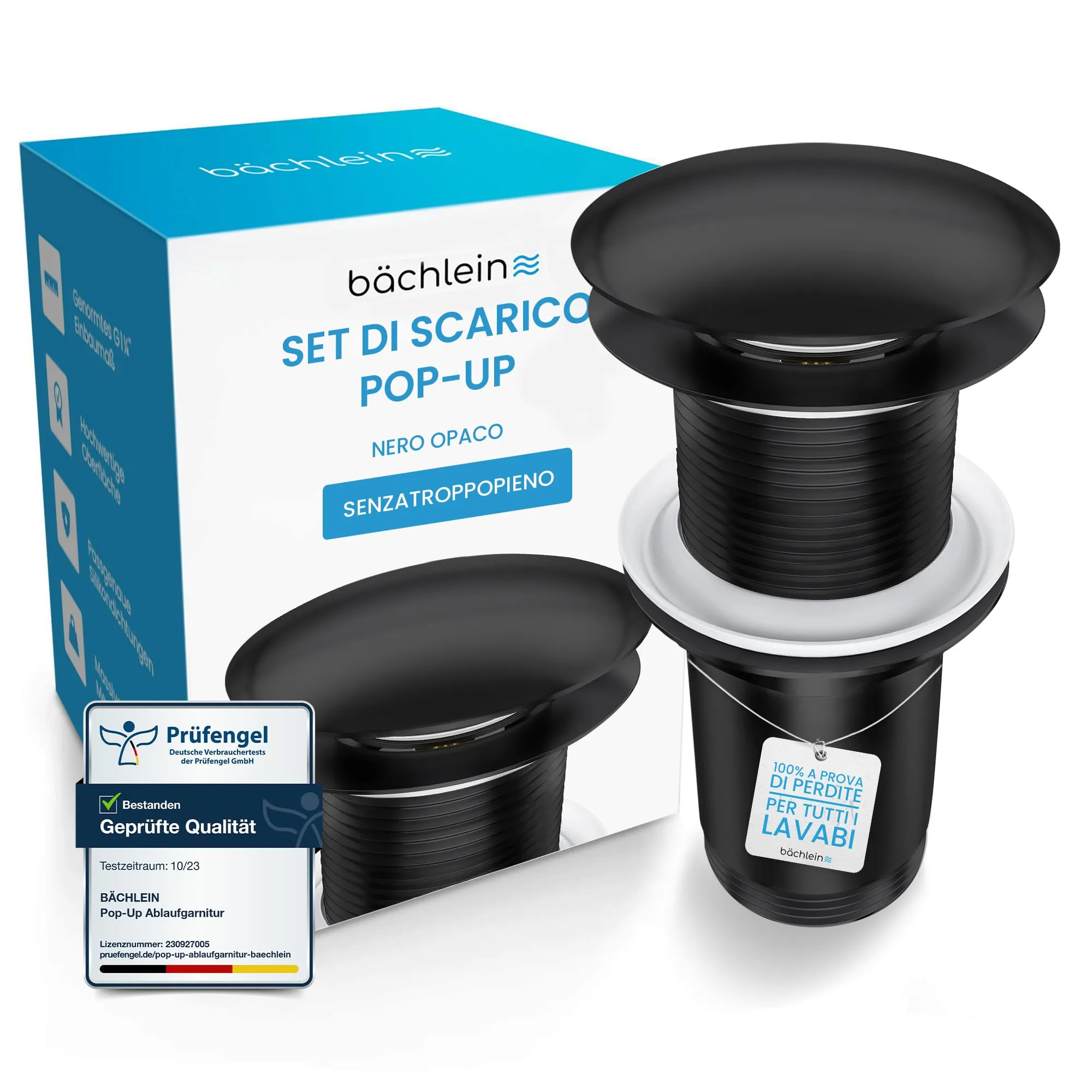 Bächlein Kit Piletta Universale Senza Troppopieno per Lavabi e Lavandini, Valvola a Soffietto Nero Opaco, Tappo a Scatto - immagine 1