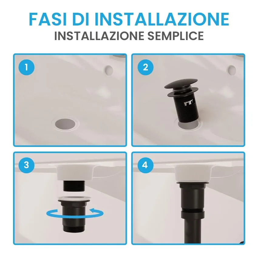 Bächlein Kit Piletta Universale Senza Troppopieno per Lavabi e Lavandini, Valvola a Soffietto Nero Opaco, Tappo a Scatto - immagine 4