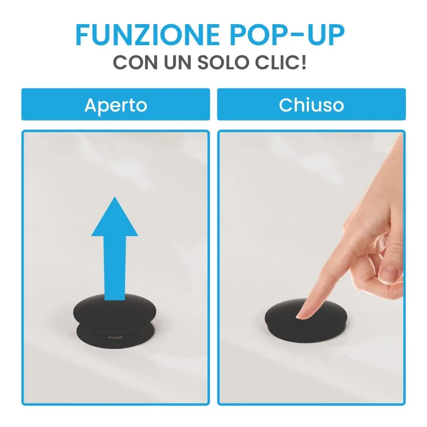 Bächlein Kit Piletta Universale Senza Troppopieno per Lavabi e Lavandini, Valvola a Soffietto Nero Opaco, Tappo a Scatto - immagine 5