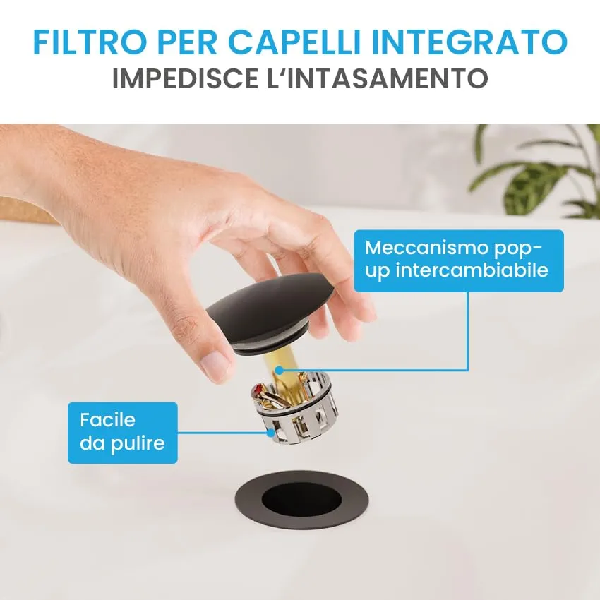 Bächlein Kit Piletta Universale Senza Troppopieno per Lavabi e Lavandini, Valvola a Soffietto Nero Opaco, Tappo a Scatto - immagine 6
