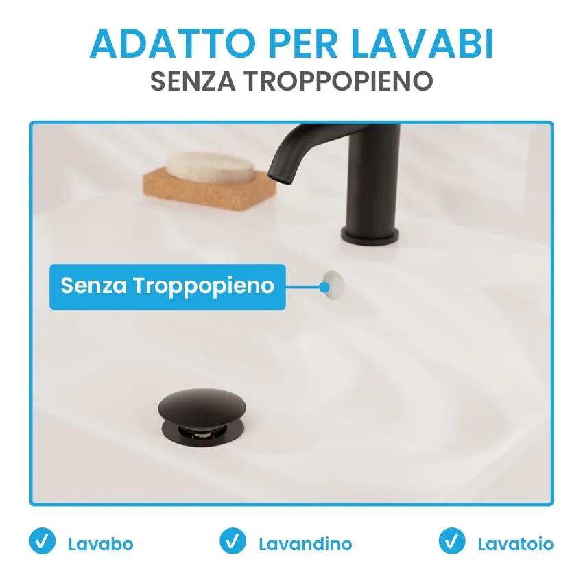 Bächlein Kit Piletta Universale Senza Troppopieno per Lavabi e Lavandini, Valvola a Soffietto Nero Opaco, Tappo a Scatto - immagine 7