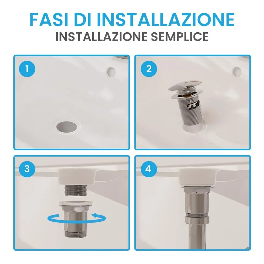 Bächlein Kit Piletta Universale Senza Troppopieno per Lavabi e Lavandini, Valvola a Soffietto Cromata, Tappo a Scatto - immagine 4