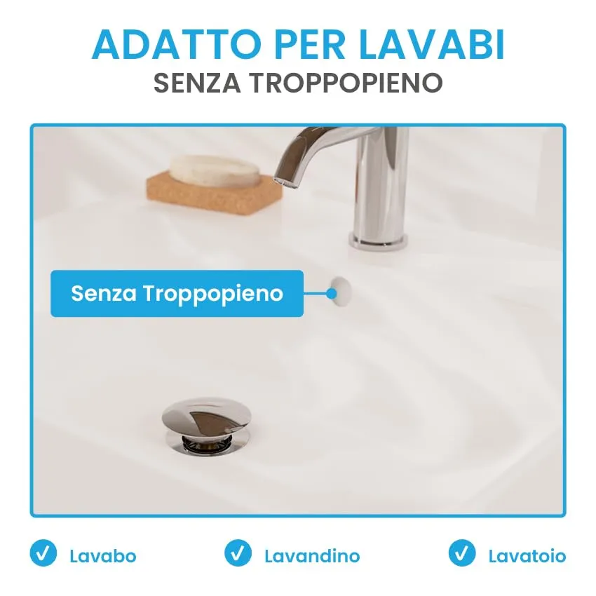 Bächlein Kit Piletta Universale Senza Troppopieno per Lavabi e Lavandini, Valvola a Soffietto Cromata, Tappo a Scatto - immagine 7