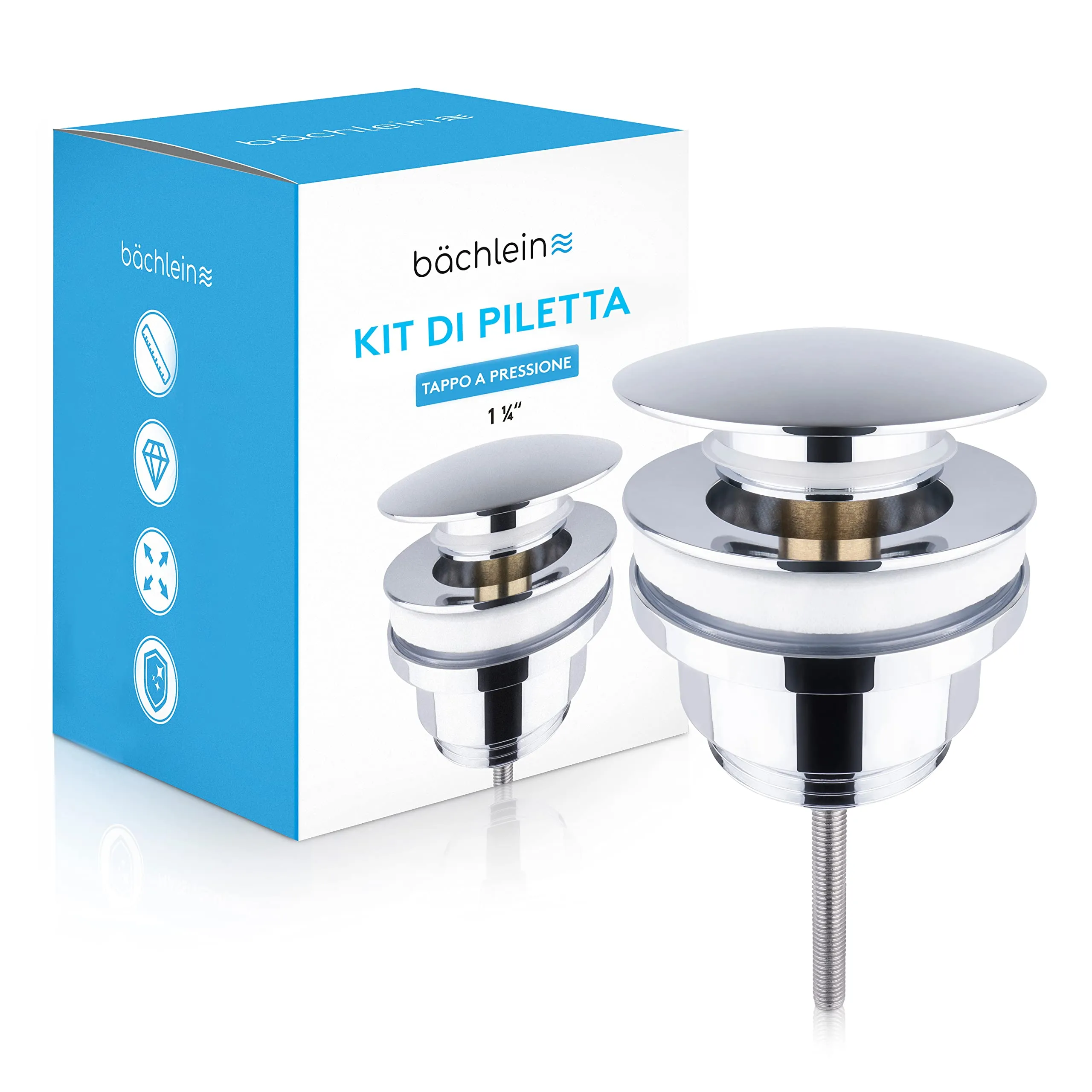 Bächlein Kit Piletta Universale con o senza Troppopieno per Lavabi e Lavandini, Valvola a Soffietto Cromata, Salvaspazio - immagine 1