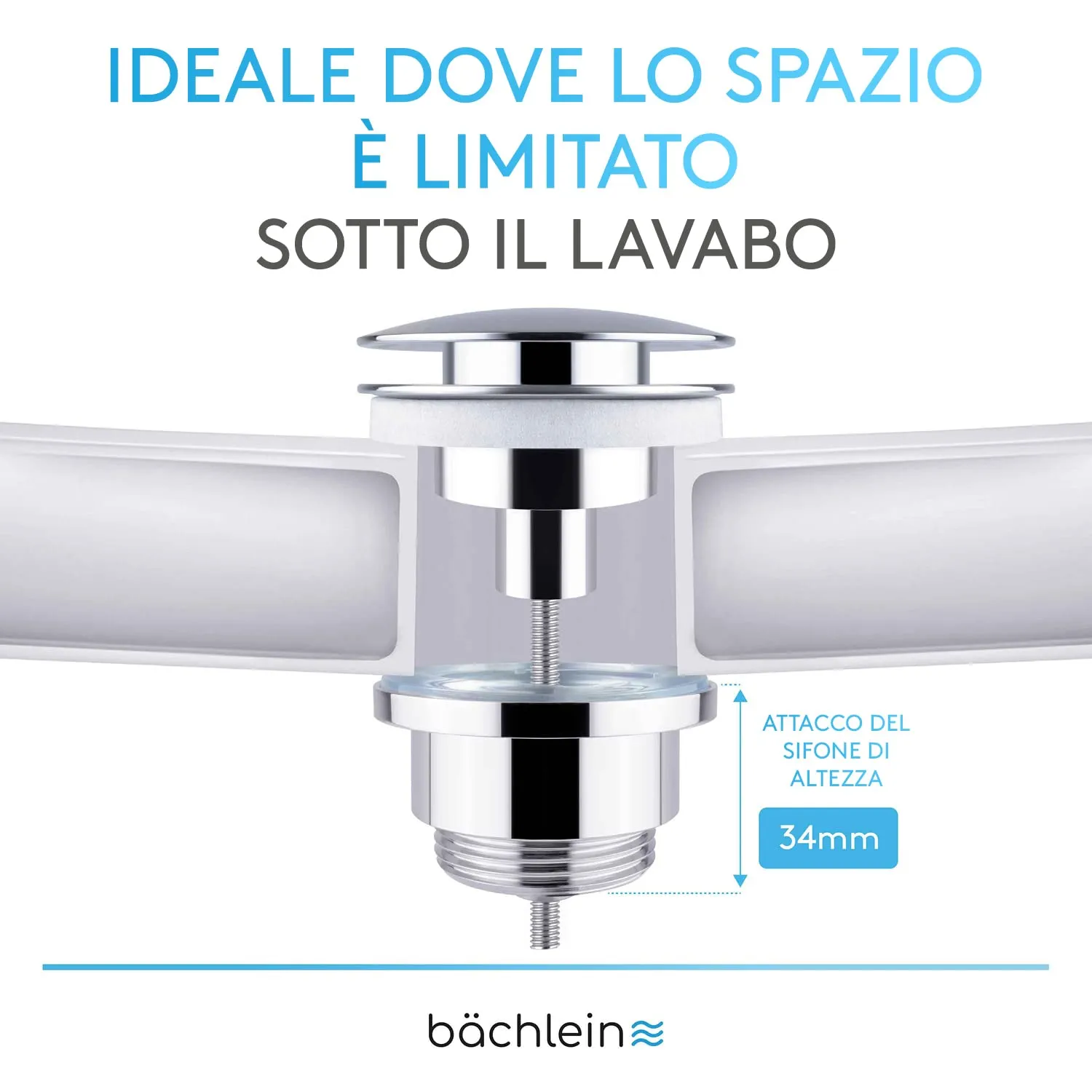 Bächlein Kit Piletta Universale con o senza Troppopieno per Lavabi e Lavandini, Valvola a Soffietto Cromata, Salvaspazio - immagine 2