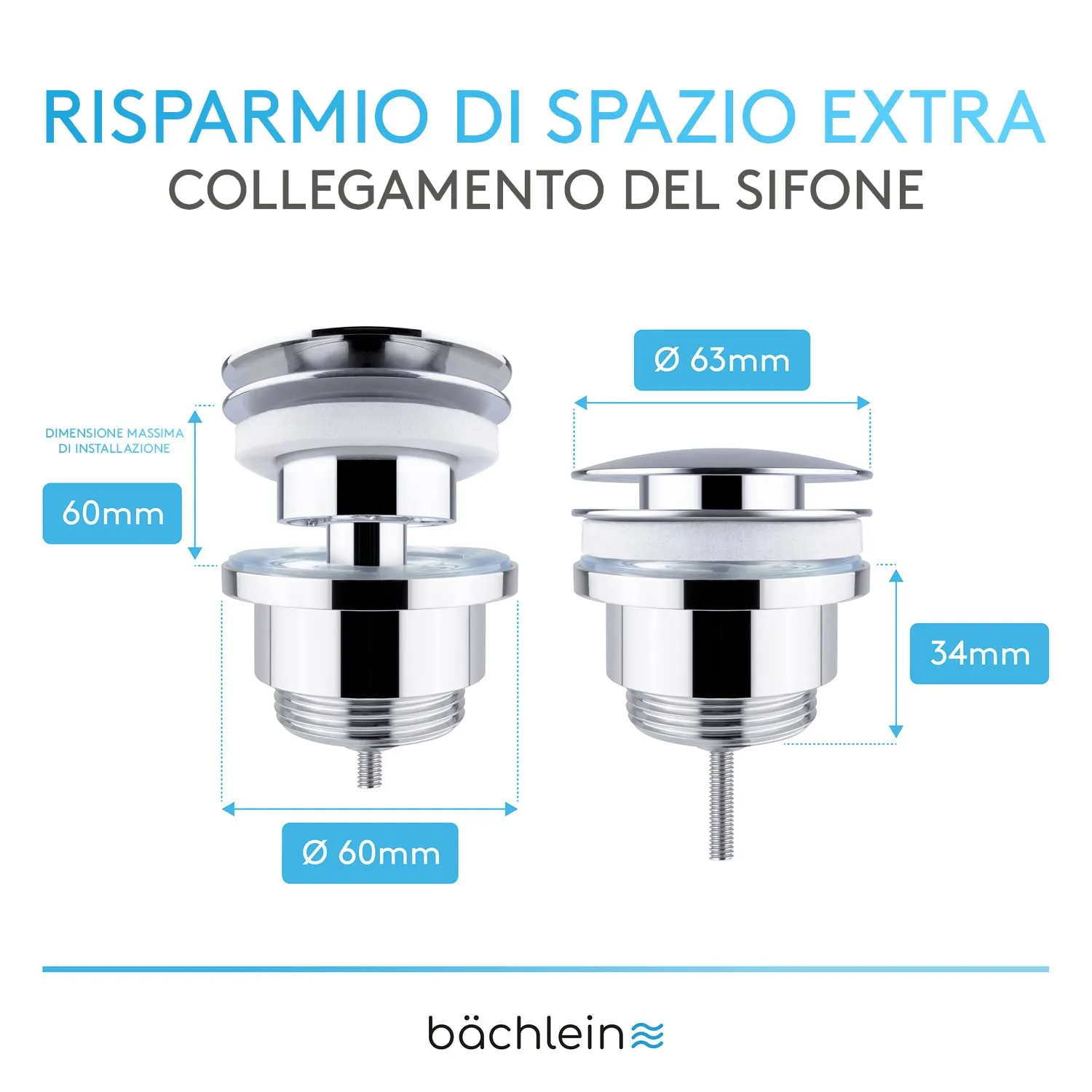 Bächlein Kit Piletta Universale con o senza Troppopieno per Lavabi e Lavandini, Valvola a Soffietto Cromata, Salvaspazio - immagine 3
