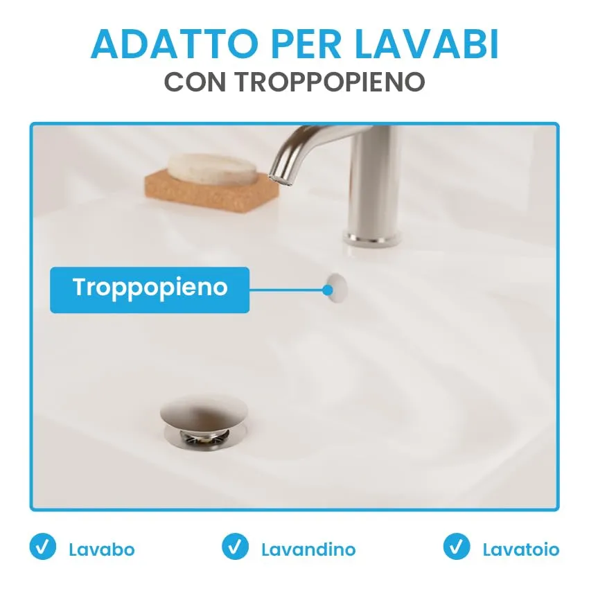 Bächlein Kit Piletta Universale con Troppopieno per Lavabi e Lavandini in Acciaio Inox, Valvola a Soffietto con Tappo a Scatto - immagine 7
