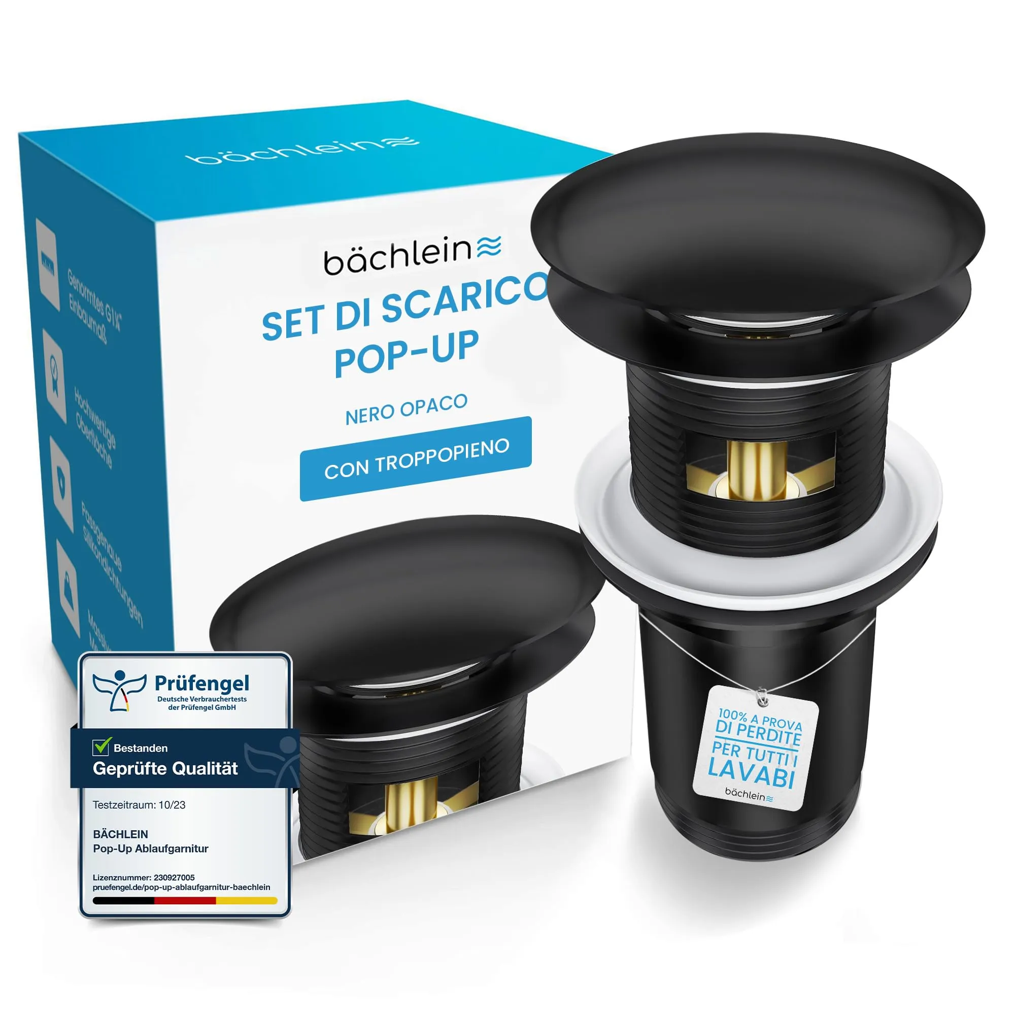 Bächlein Kit Piletta Universale con Troppopieno per Lavabi e Lavandini, Valvola a Soffietto, Nero Opaco, Tappo a Scatto - immagine 1