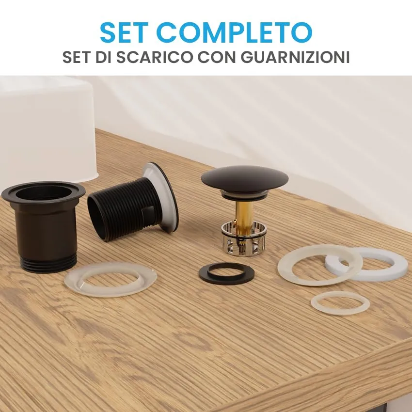Bächlein Kit Piletta Universale con Troppopieno per Lavabi e Lavandini, Valvola a Soffietto, Nero Opaco, Tappo a Scatto - immagine 2