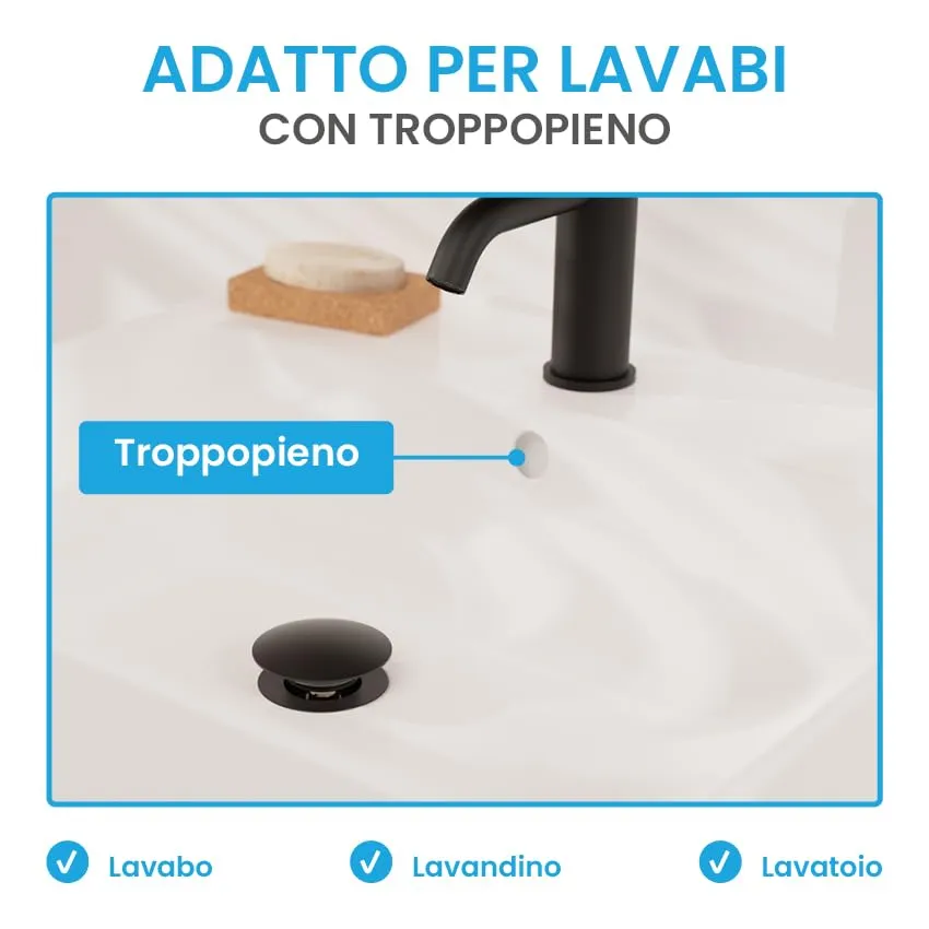 Bächlein Kit Piletta Universale con Troppopieno per Lavabi e Lavandini, Valvola a Soffietto, Nero Opaco, Tappo a Scatto - immagine 7