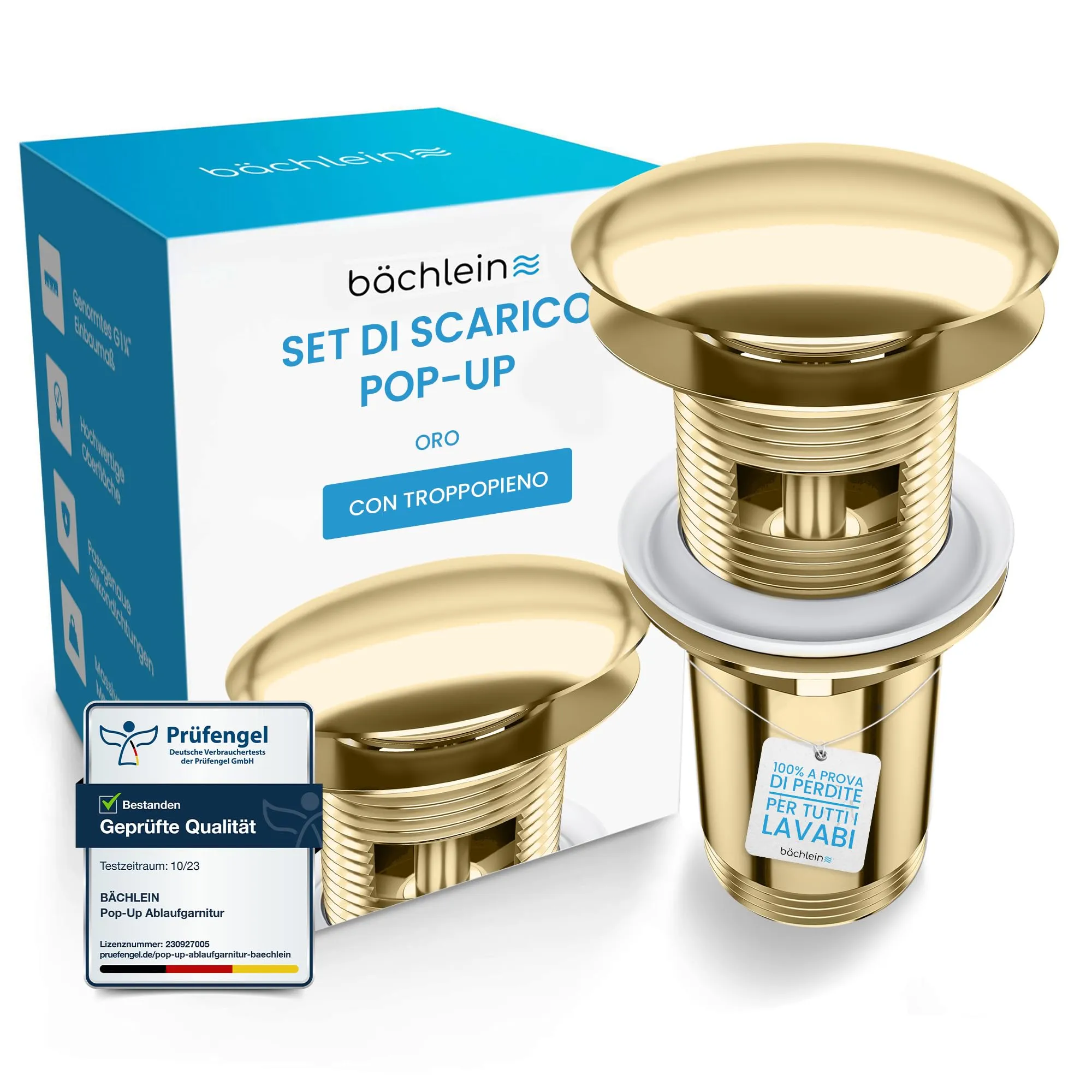 Bächlein Kit Piletta Universale con Troppopieno per Lavabi e Lavandini, Valvola a Soffietto Oro, Tappo a Scatto - immagine 1