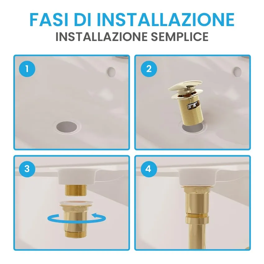 Bächlein Kit Piletta Universale con Troppopieno per Lavabi e Lavandini, Valvola a Soffietto Oro, Tappo a Scatto - immagine 4