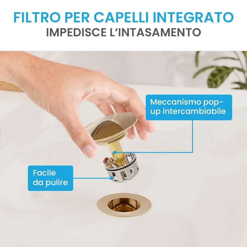 Bächlein Kit Piletta Universale con Troppopieno per Lavabi e Lavandini, Valvola a Soffietto Oro, Tappo a Scatto - immagine 6