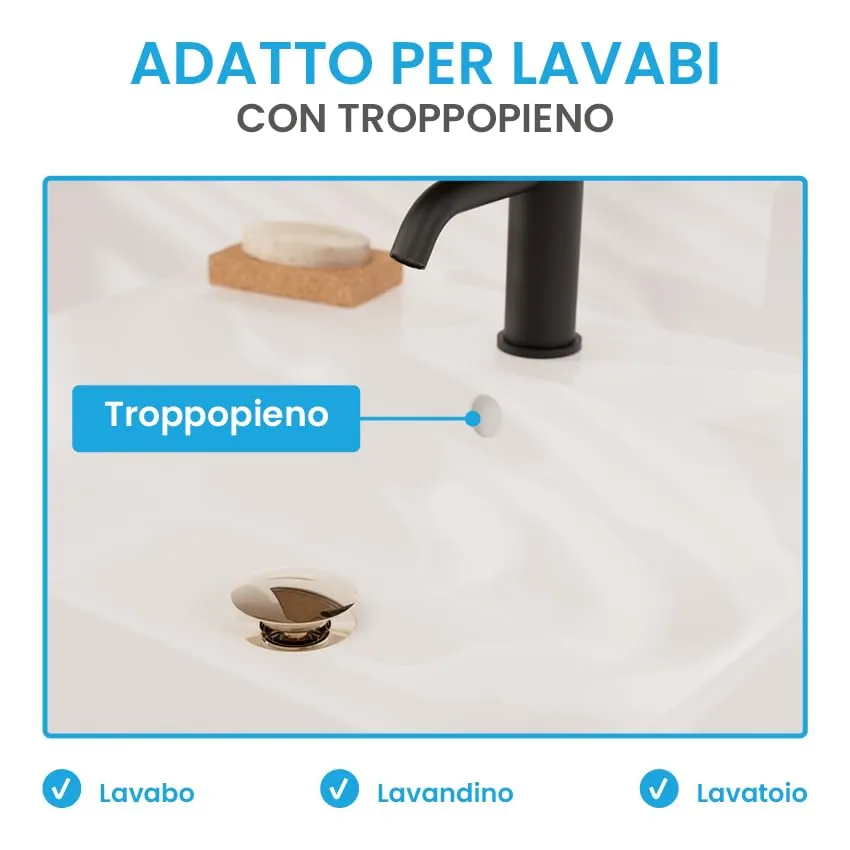 Bächlein Kit Piletta Universale con Troppopieno per Lavabi e Lavandini, Valvola a Soffietto Oro, Tappo a Scatto - immagine 7