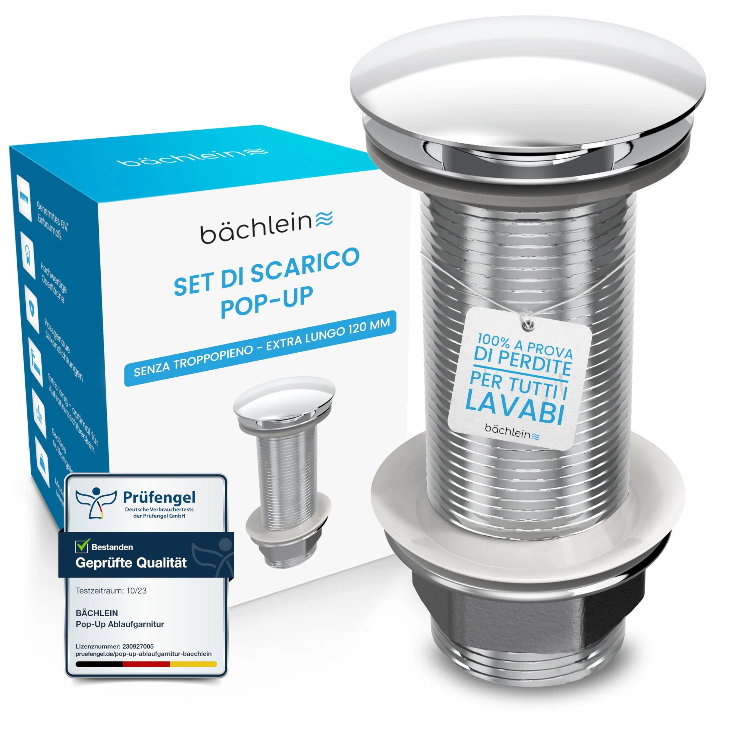 Bächlein Tubo di Scarico Universale Extra Lungo senza Troppopieno, Valvola Pop Up per Lavabo, Cromo - immagine 1