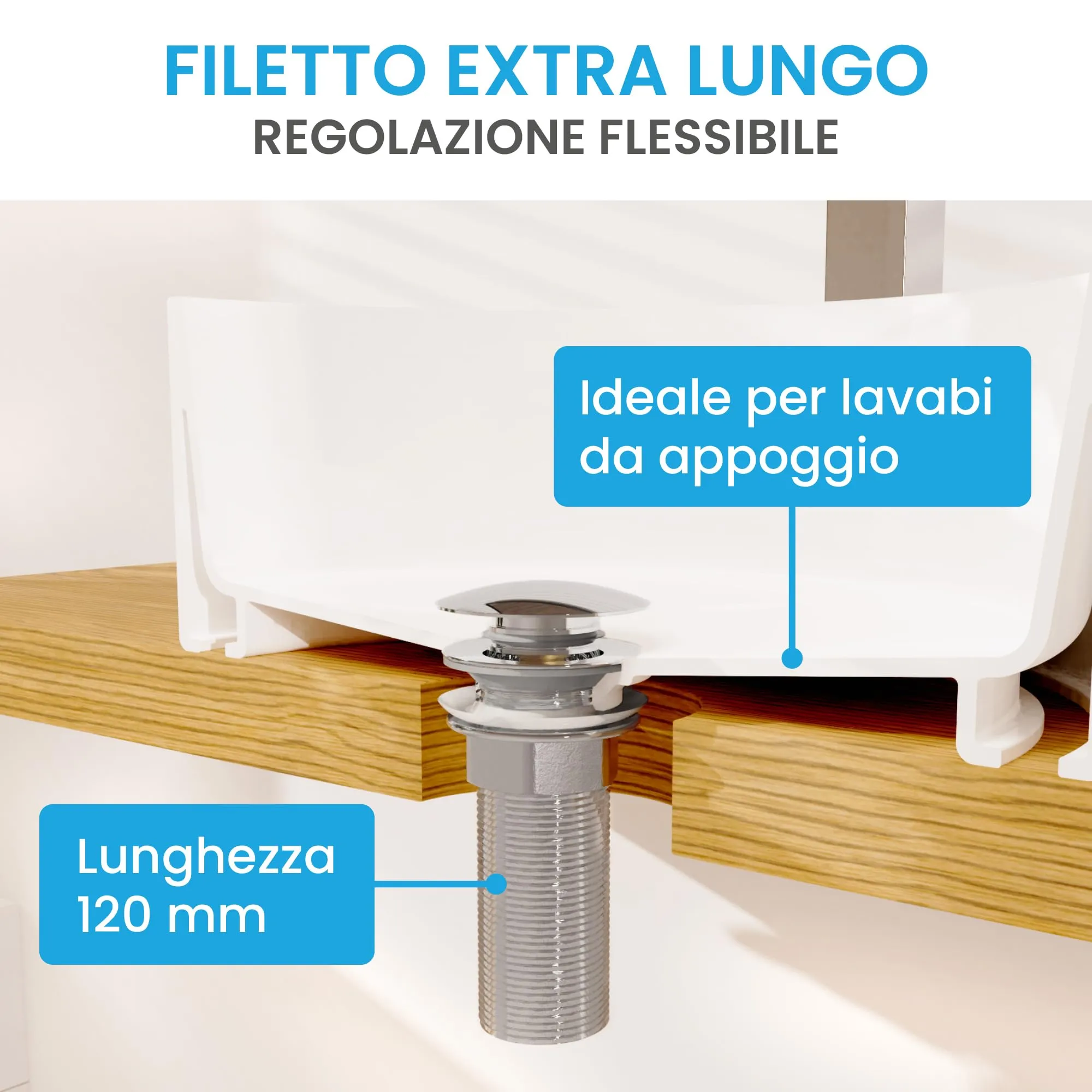 Bächlein Tubo di Scarico Universale Extra Lungo senza Troppopieno, Valvola Pop Up per Lavabo, Cromo - immagine 7