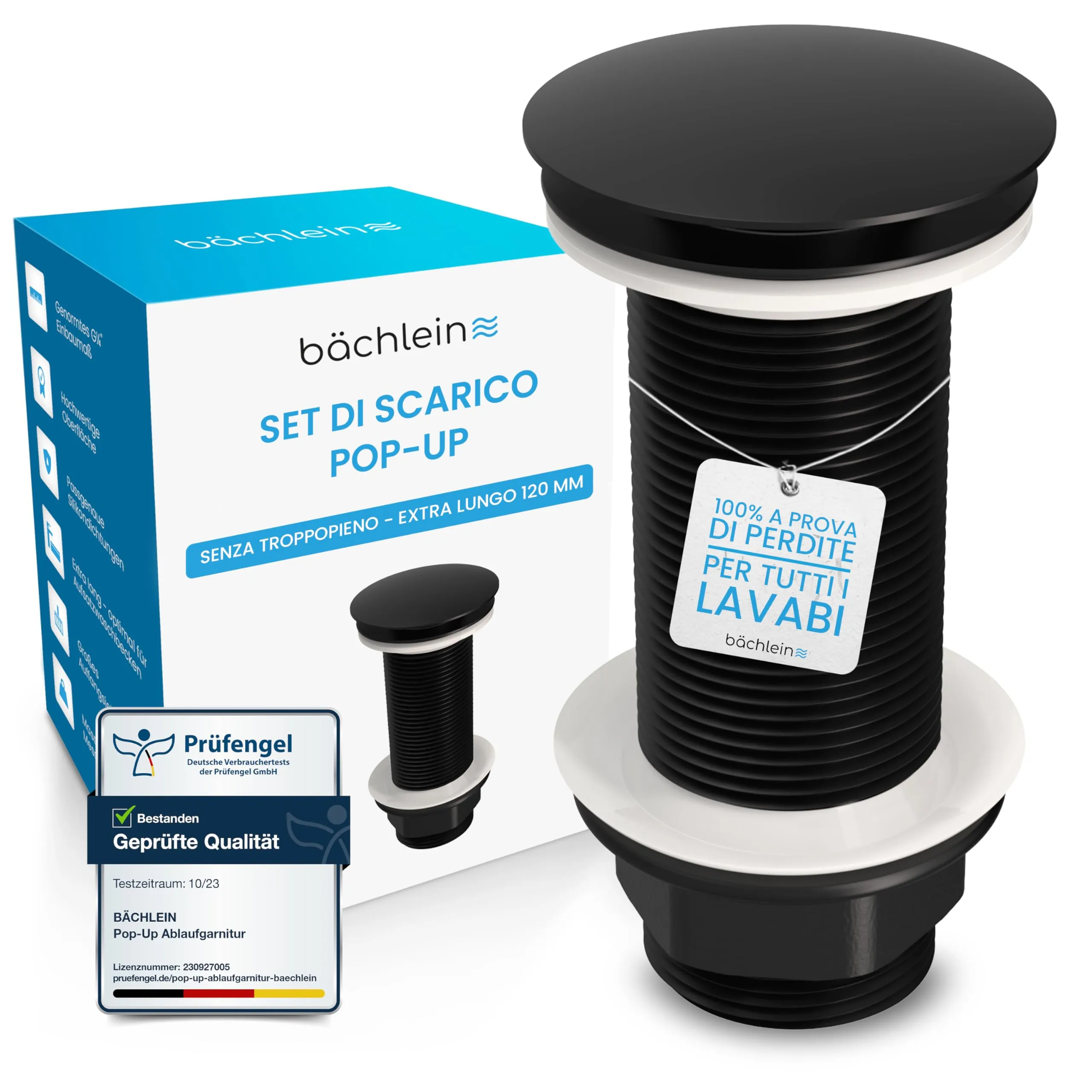 Bächlein Sifone di scarico universale extra lungo senza troppopieno, valvola pop up per lavabo, nero opaco - immagine 1