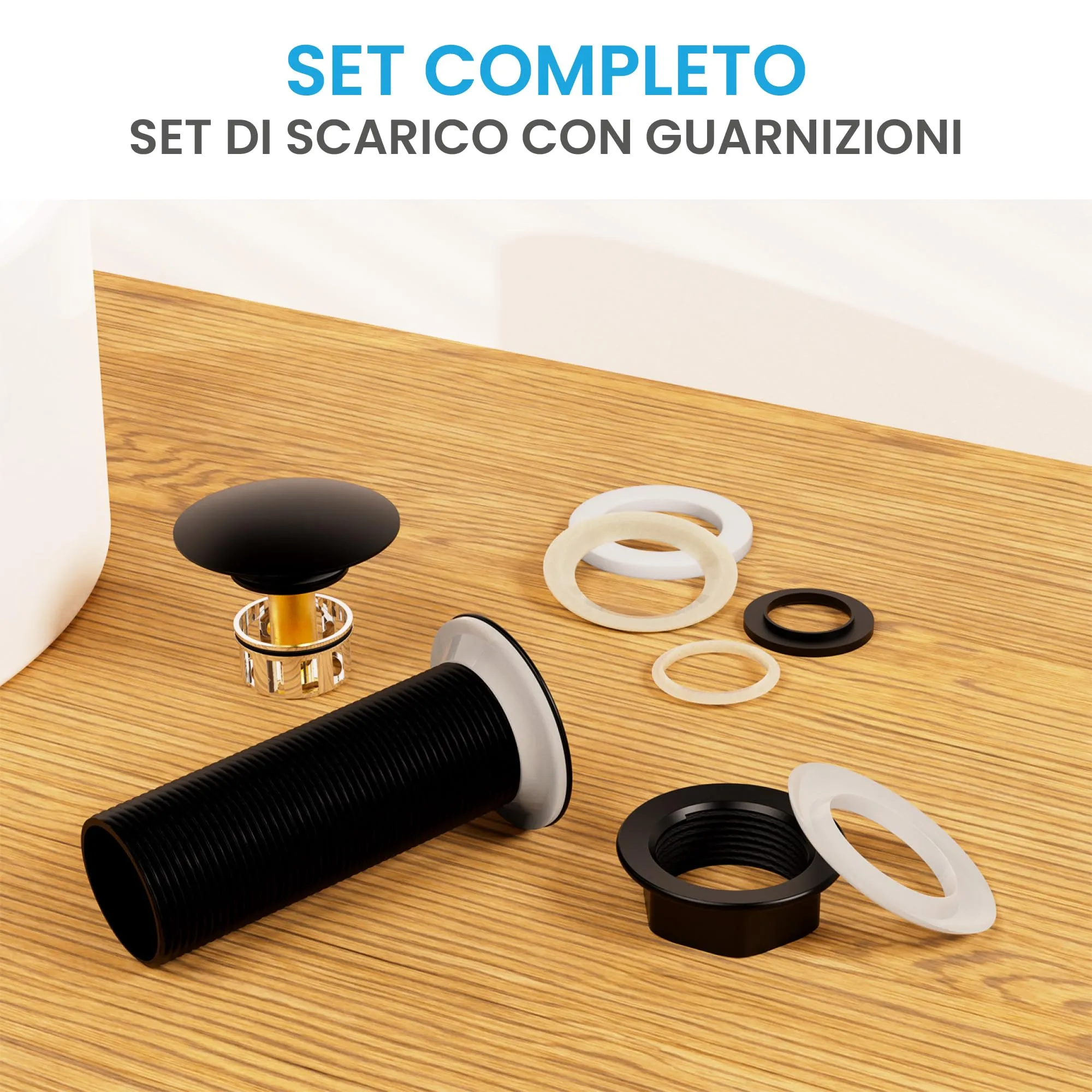 Bächlein Sifone di scarico universale extra lungo senza troppopieno, valvola pop up per lavabo, nero opaco - immagine 2